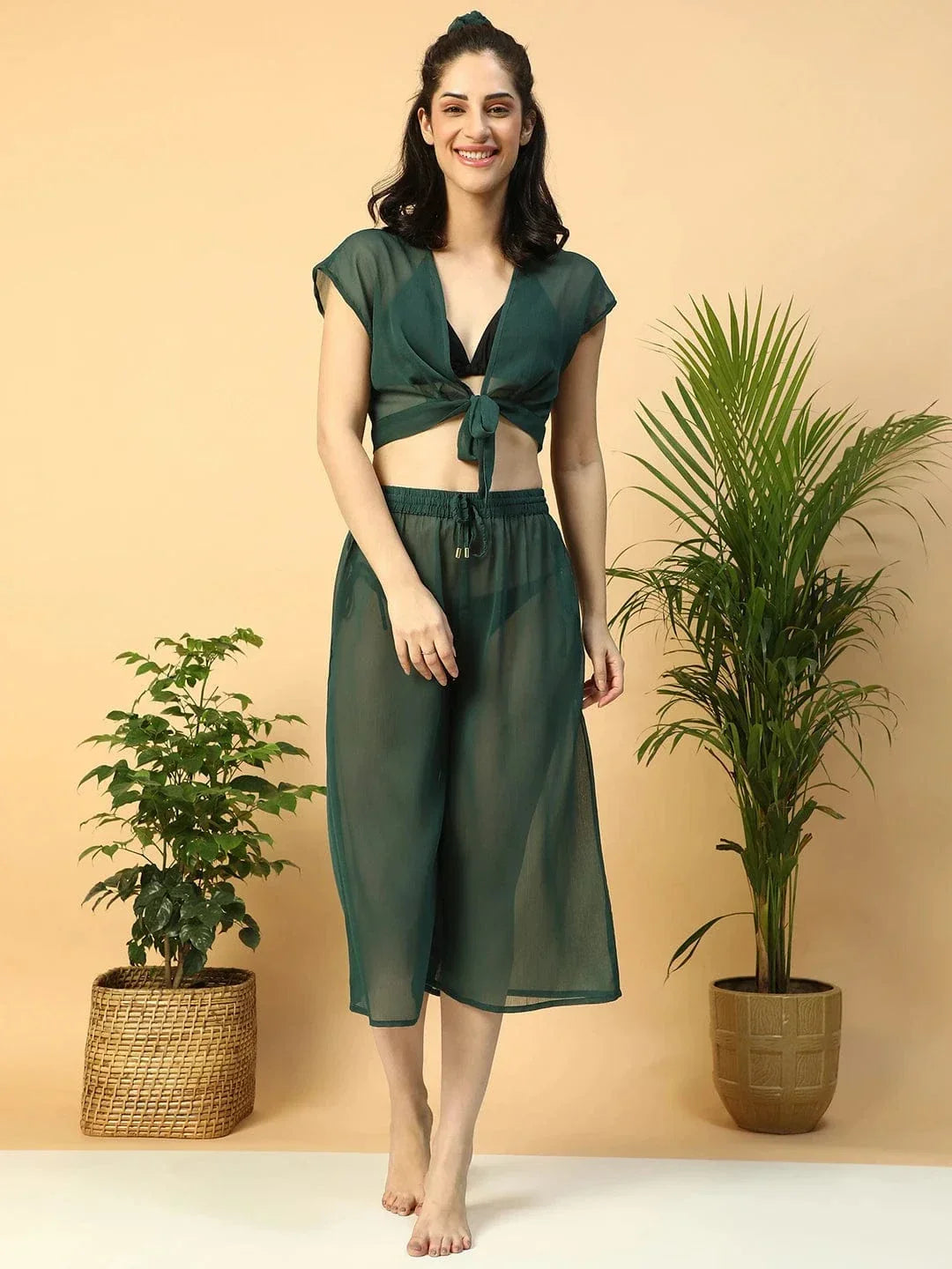 Green Tie-Knot Top With Elasticated Culottes Women Beachwear Co-Ord Set - oxolloxo