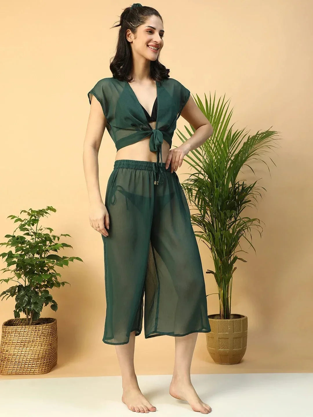 Green Tie-Knot Top With Elasticated Culottes Women Beachwear Co-Ord Set - oxolloxo
