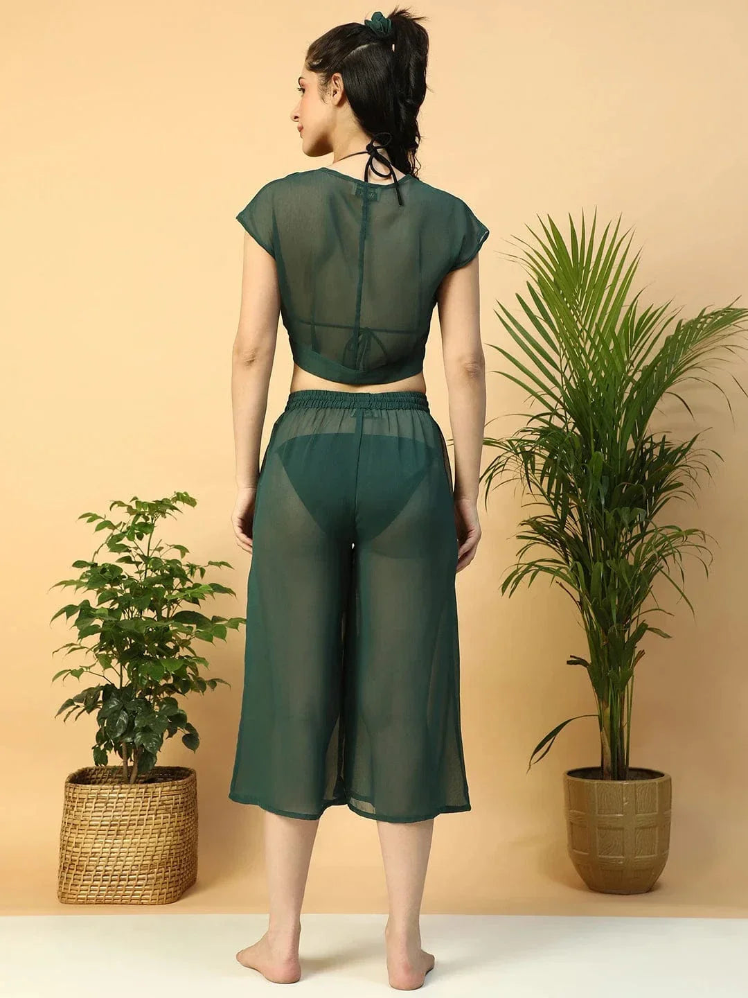 Green Tie-Knot Top With Elasticated Culottes Women Beachwear Co-Ord Set - oxolloxo