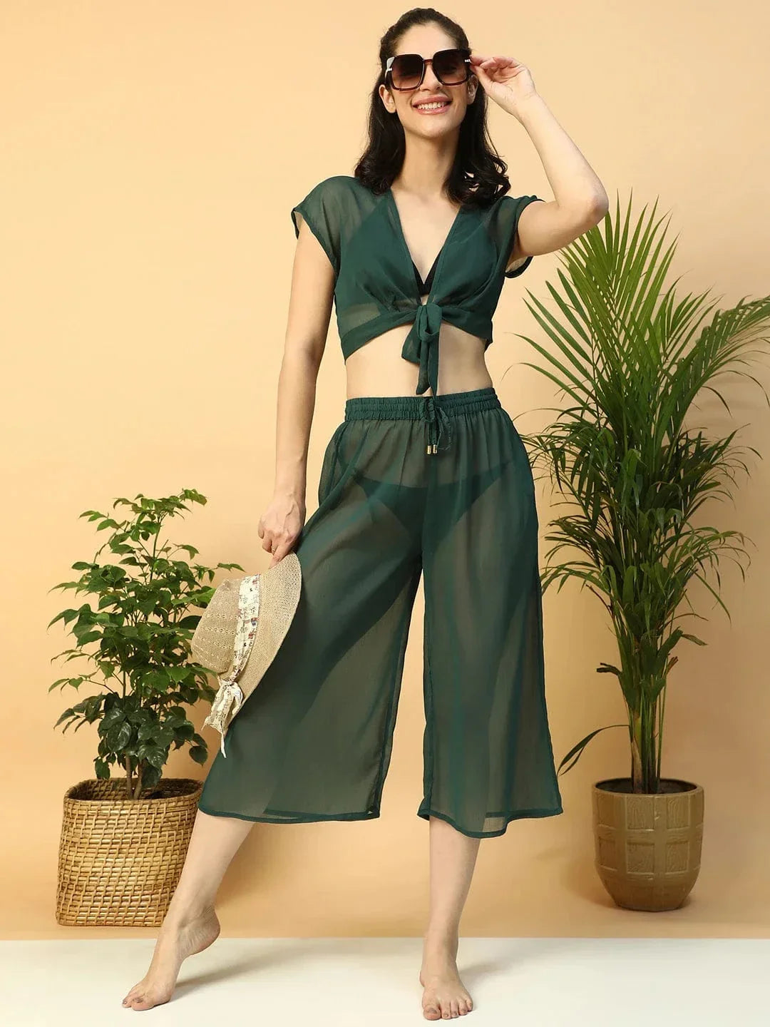 Green Tie-Knot Top With Elasticated Culottes Women Beachwear Co-Ord Set - oxolloxo