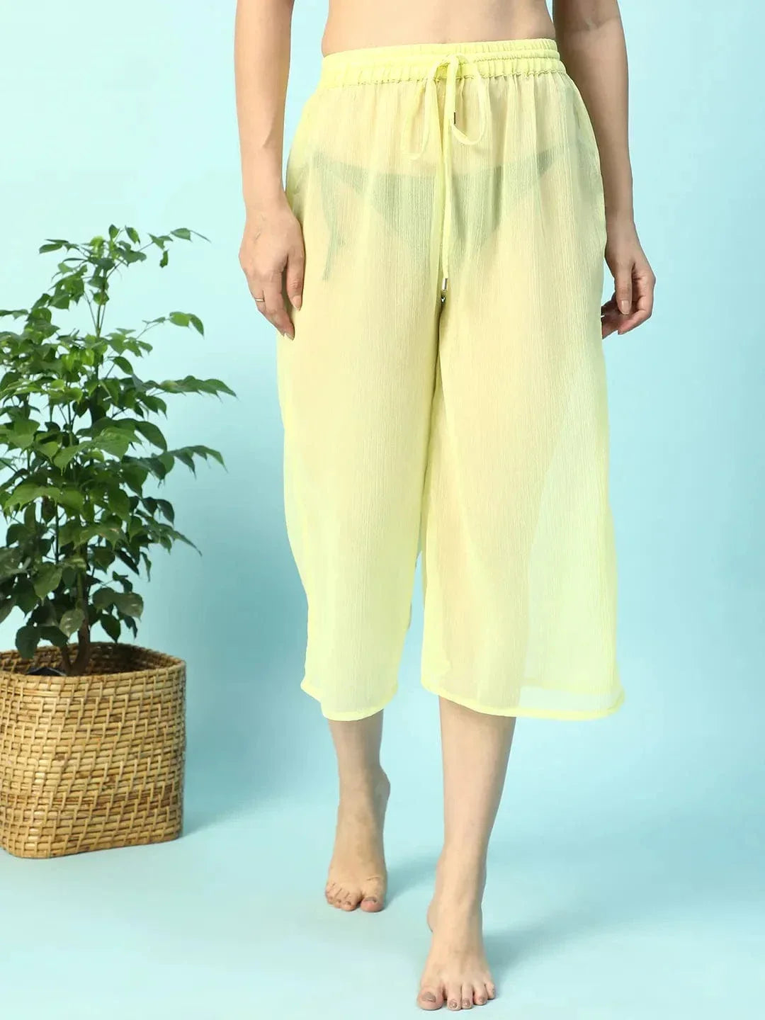 Solid Yellow Elasticated Waist With Tie-Up Detail women Beachwear Culottes - oxolloxo