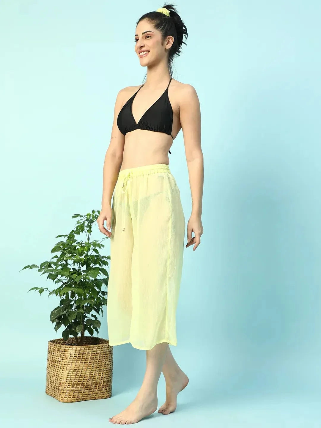 Solid Yellow Elasticated Waist With Tie-Up Detail women Beachwear Culottes - oxolloxo