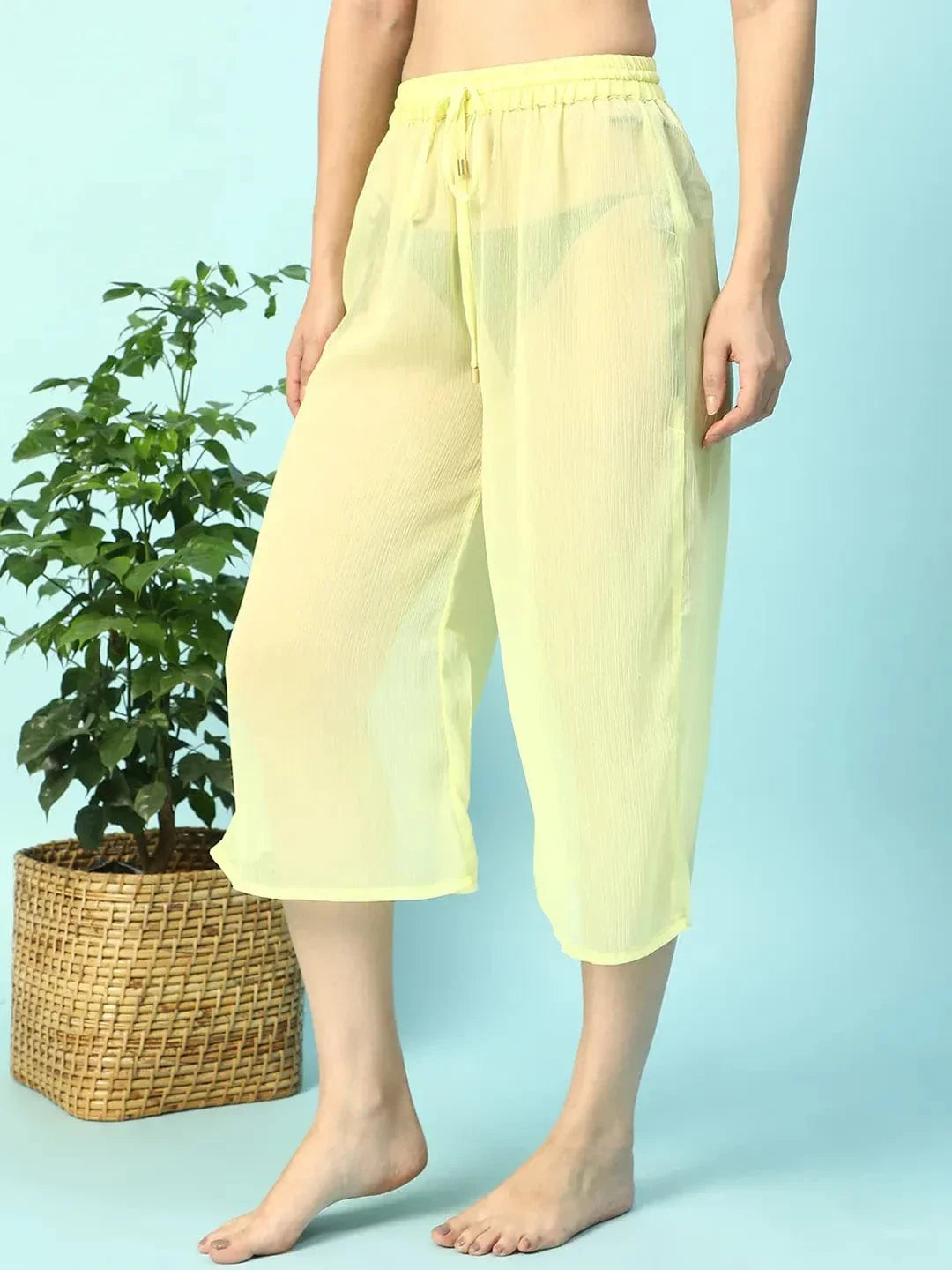 Solid Yellow Elasticated Waist With Tie-Up Detail women Beachwear Culottes - oxolloxo