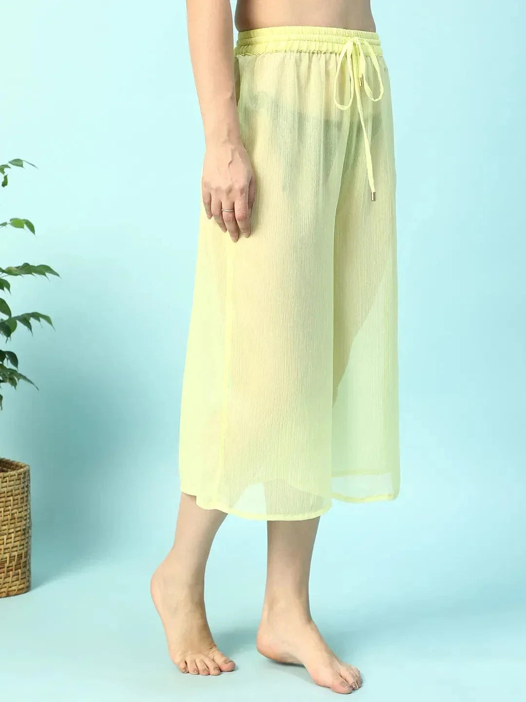 Solid Yellow Elasticated Waist With Tie-Up Detail women Beachwear Culottes - oxolloxo