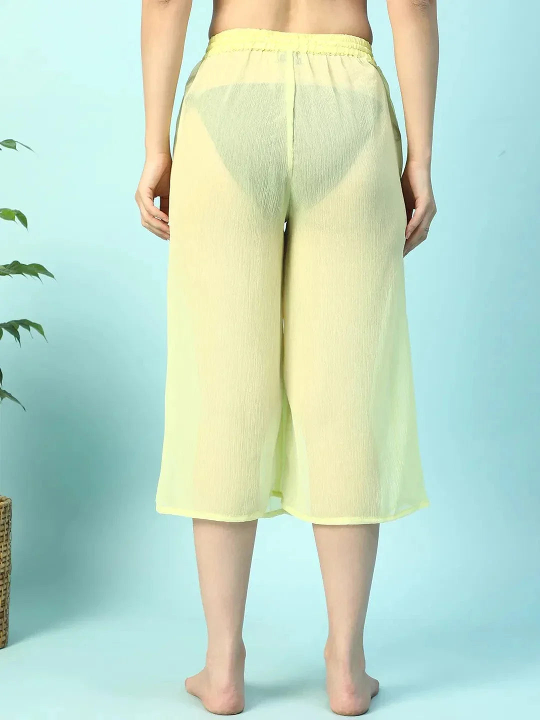 Solid Yellow Elasticated Waist With Tie-Up Detail women Beachwear Culottes - oxolloxo