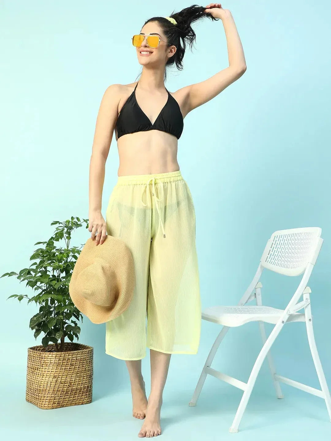 Solid Yellow Elasticated Waist With Tie-Up Detail women Beachwear Culottes - oxolloxo
