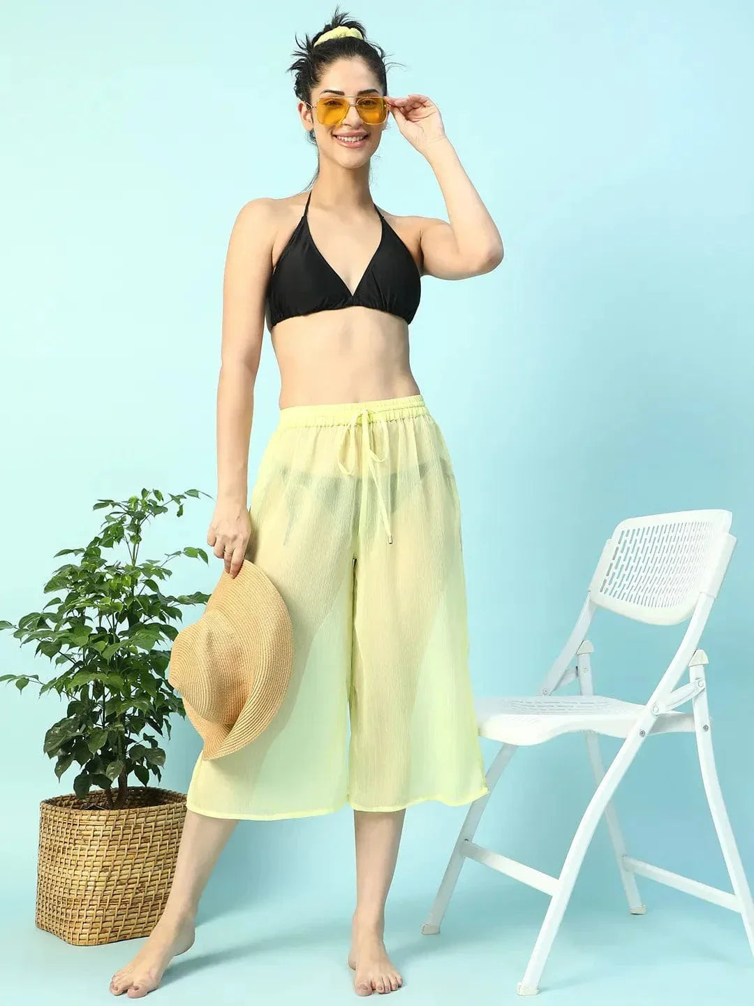 Solid Yellow Elasticated Waist With Tie-Up Detail women Beachwear Culottes - oxolloxo