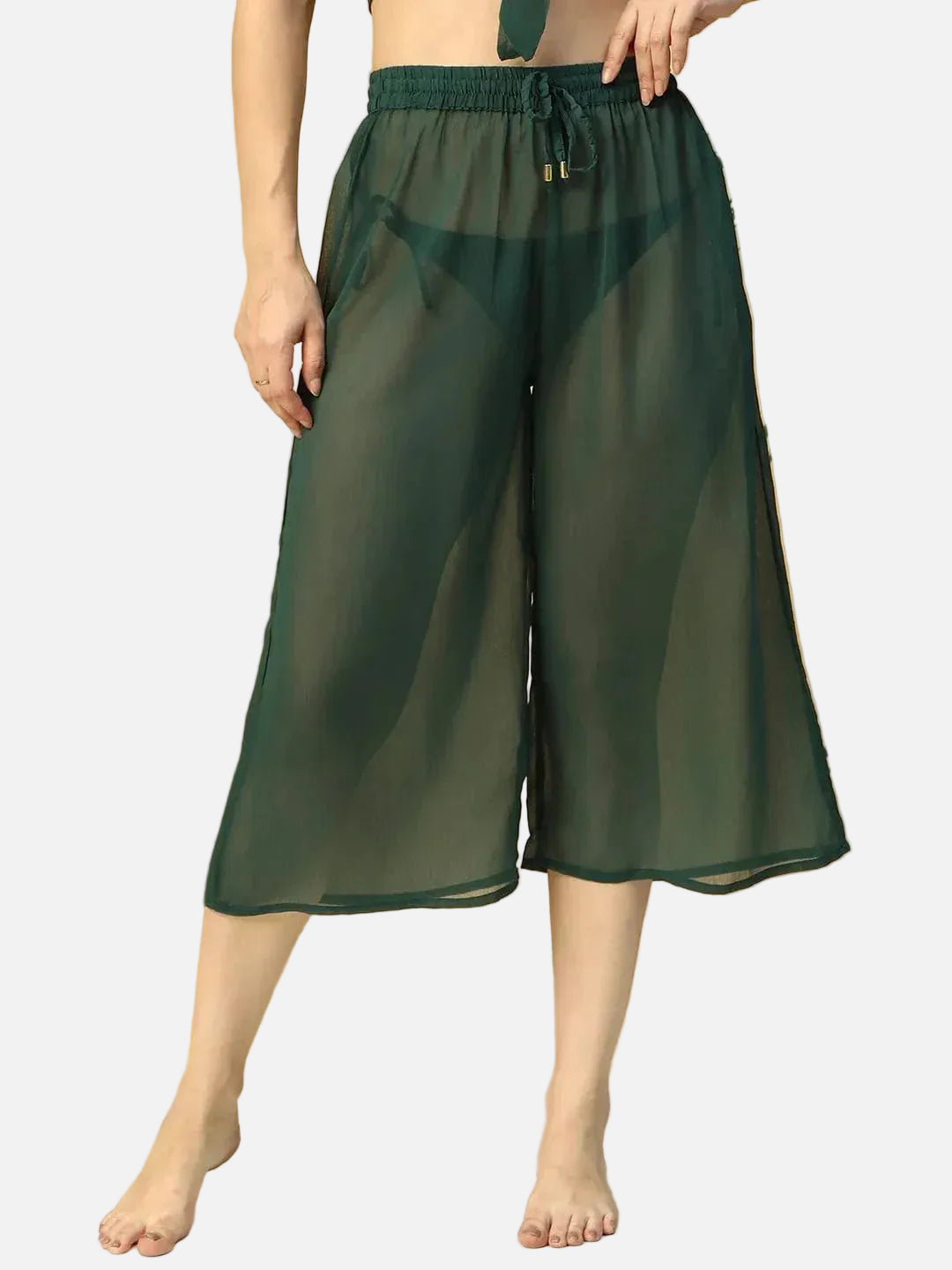 Solid Green Elasticated Waist With Tie Up Detail women Beachwear Culottes   oxolloxo