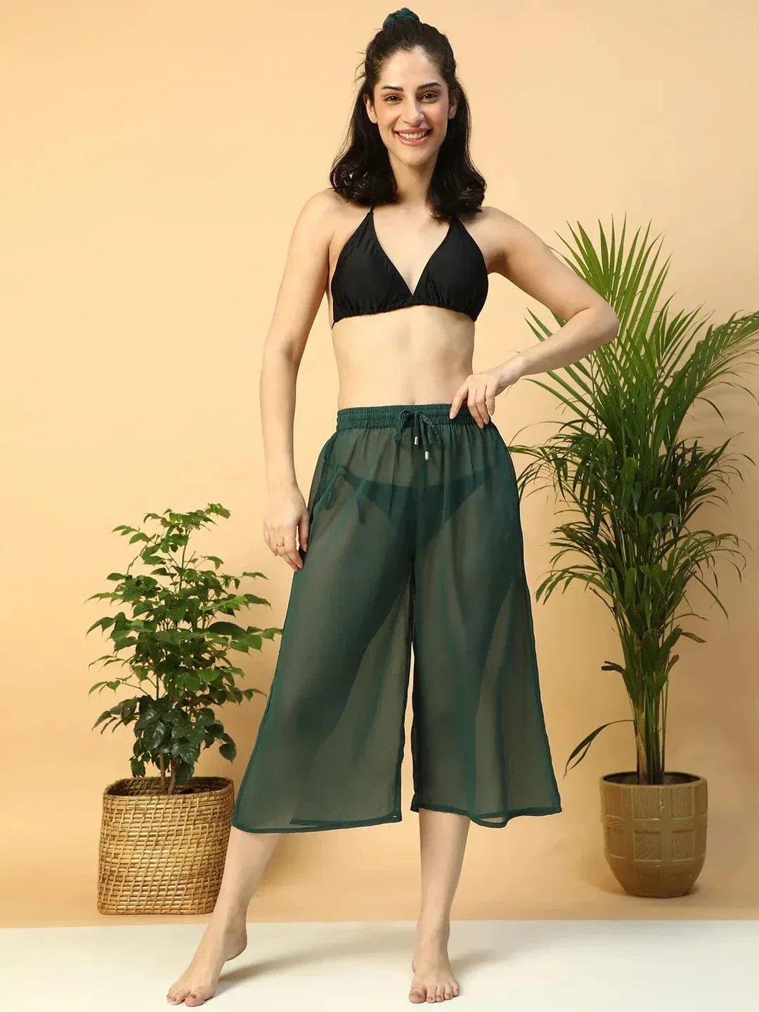 Solid Green Elasticated Waist With Tie-Up Detail women Beachwear Culottes - oxolloxo