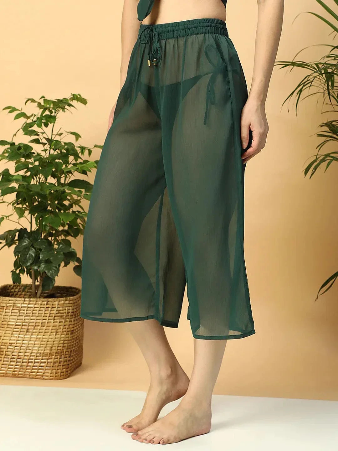 Solid Green Elasticated Waist With Tie-Up Detail women Beachwear Culottes - oxolloxo