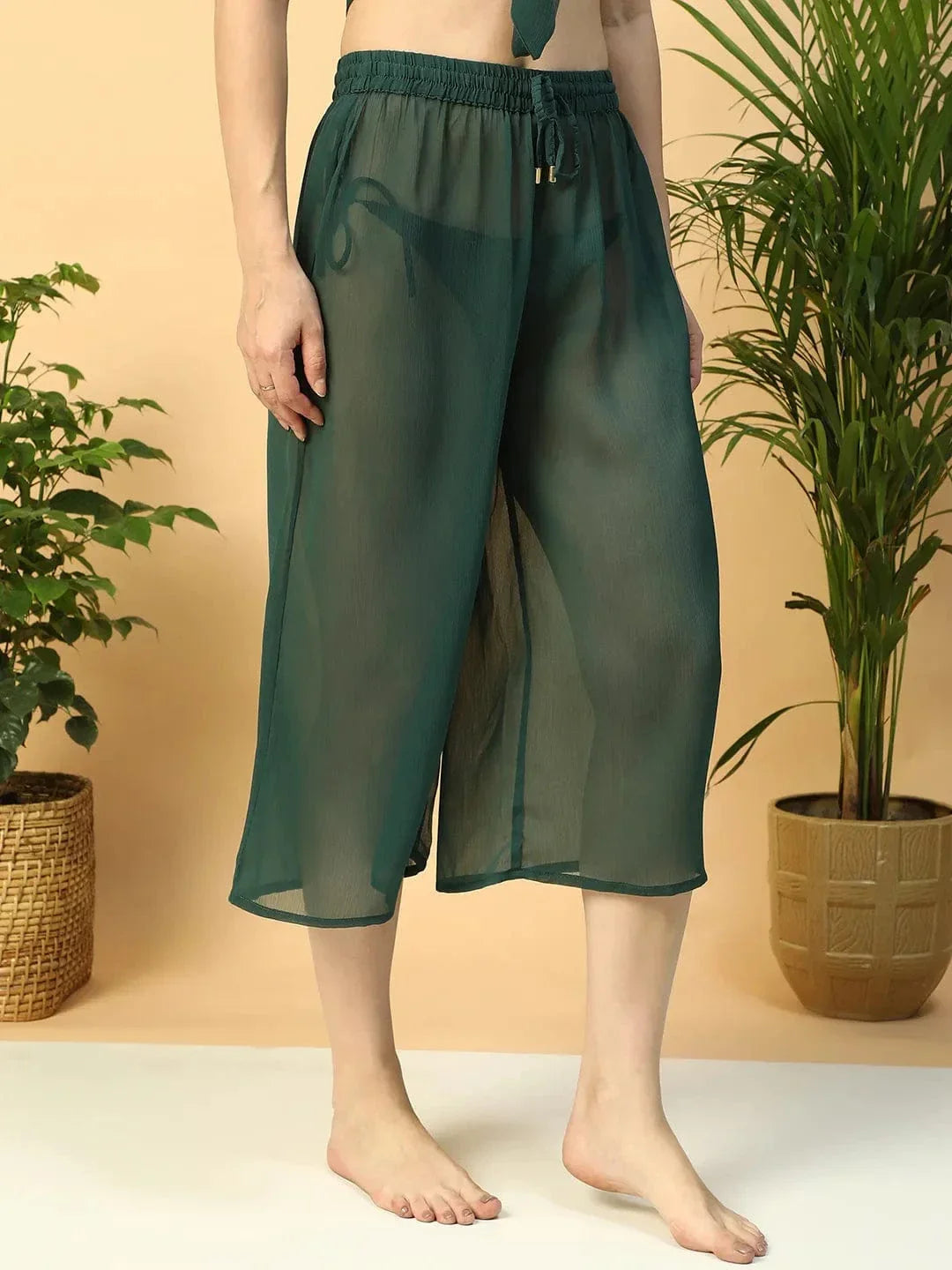 Solid Green Elasticated Waist With Tie-Up Detail women Beachwear Culottes - oxolloxo
