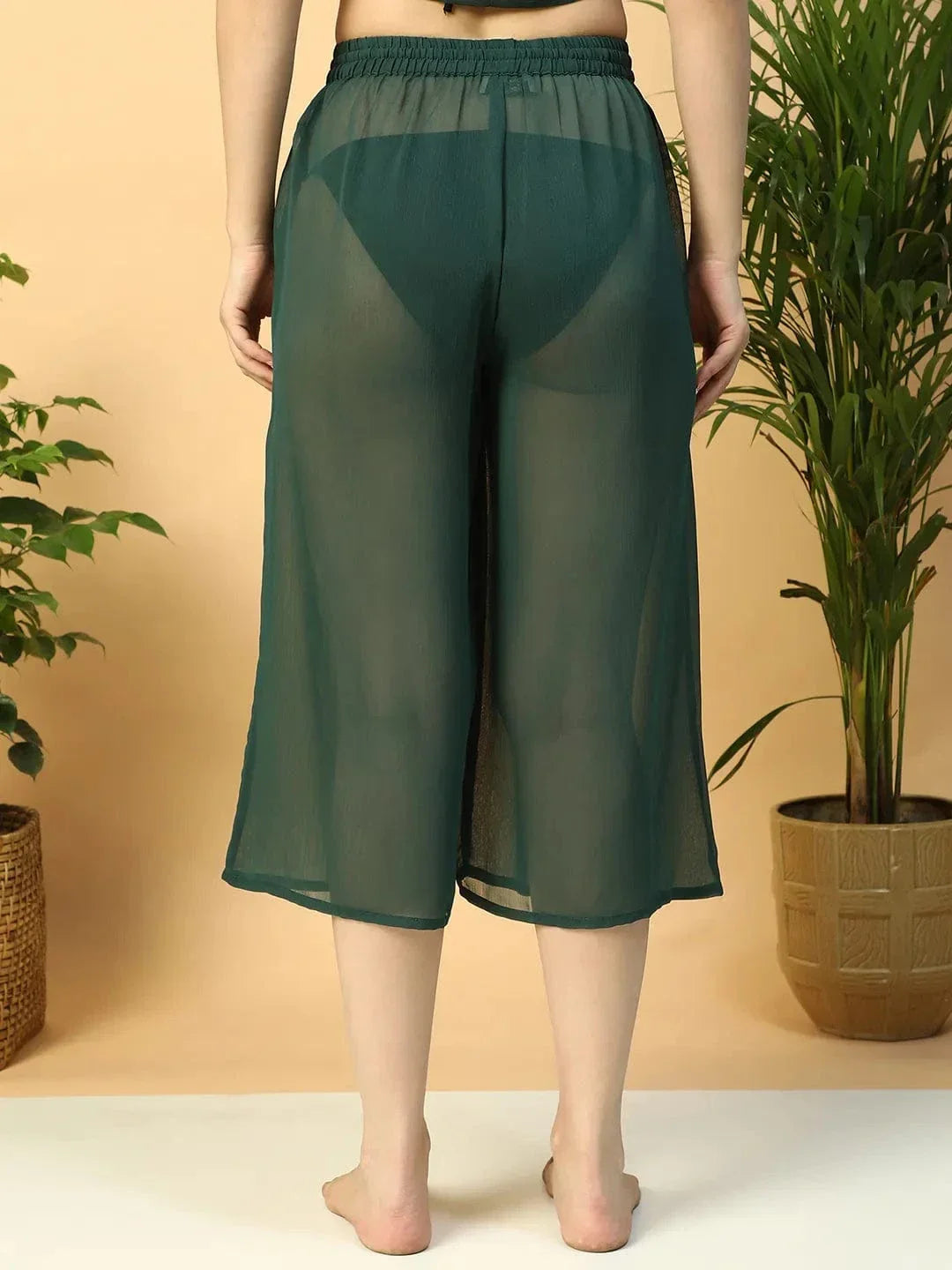 Solid Green Elasticated Waist With Tie-Up Detail women Beachwear Culottes - oxolloxo