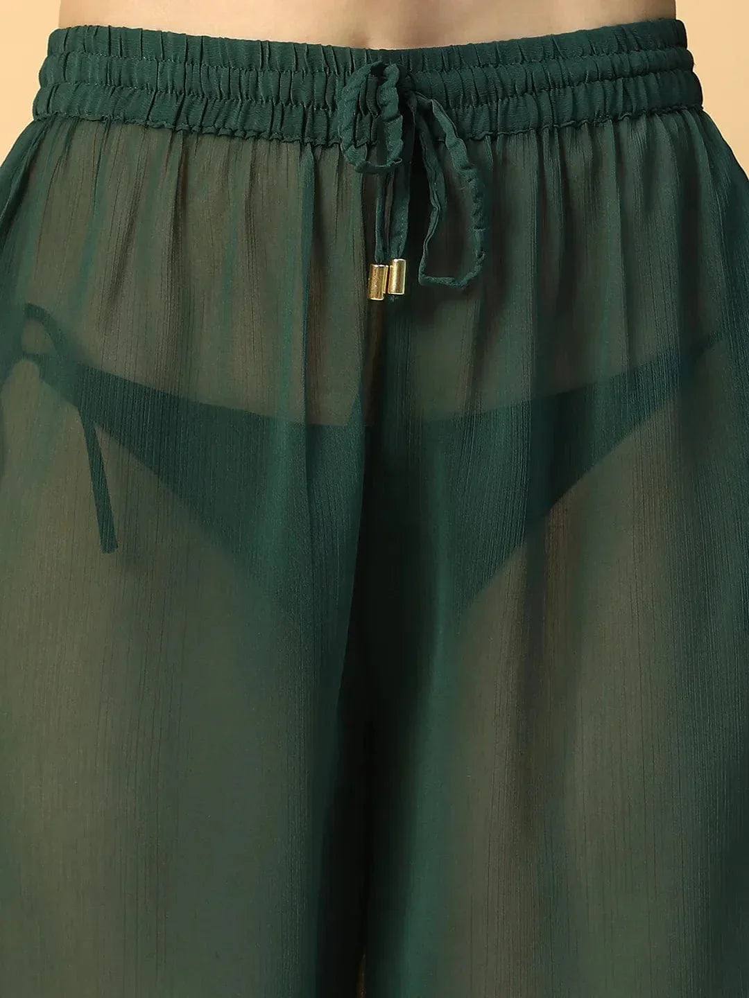 Solid Green Elasticated Waist With Tie-Up Detail women Beachwear Culottes - oxolloxo