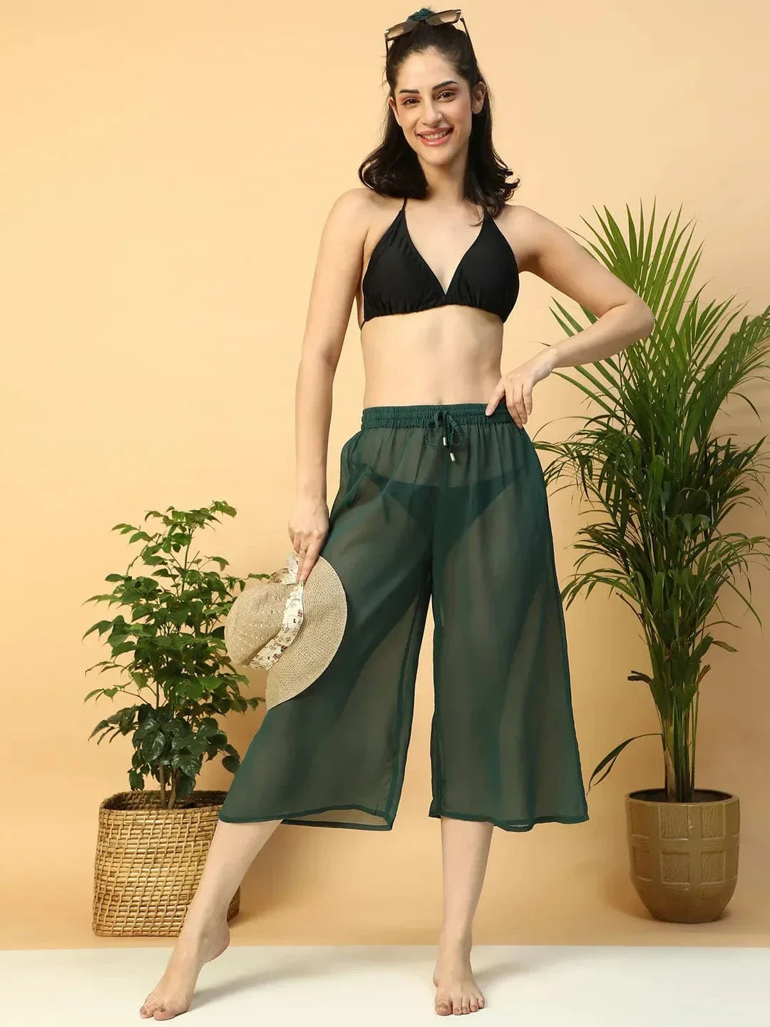 Solid Green Elasticated Waist With Tie-Up Detail women Beachwear Culottes - oxolloxo