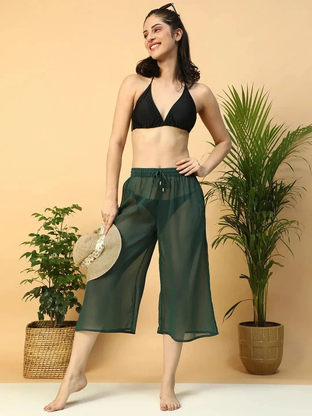 Solid Green Elasticated Waist With Tie-Up Detail women Beachwear Culottes - oxolloxo