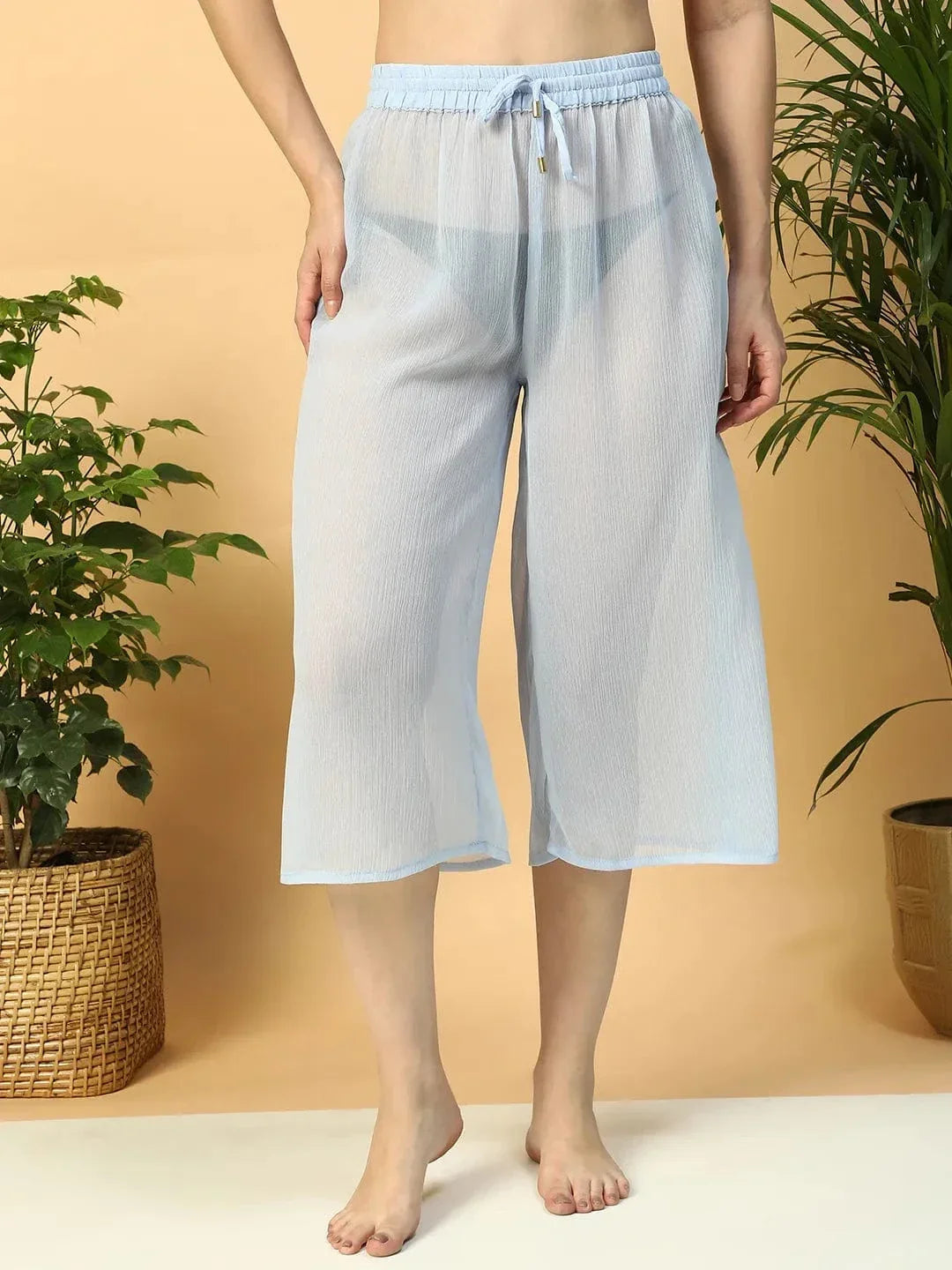 Solid Blue Elasticated Waist With Tie-Up Detail women Beachwear Culottes - oxolloxo