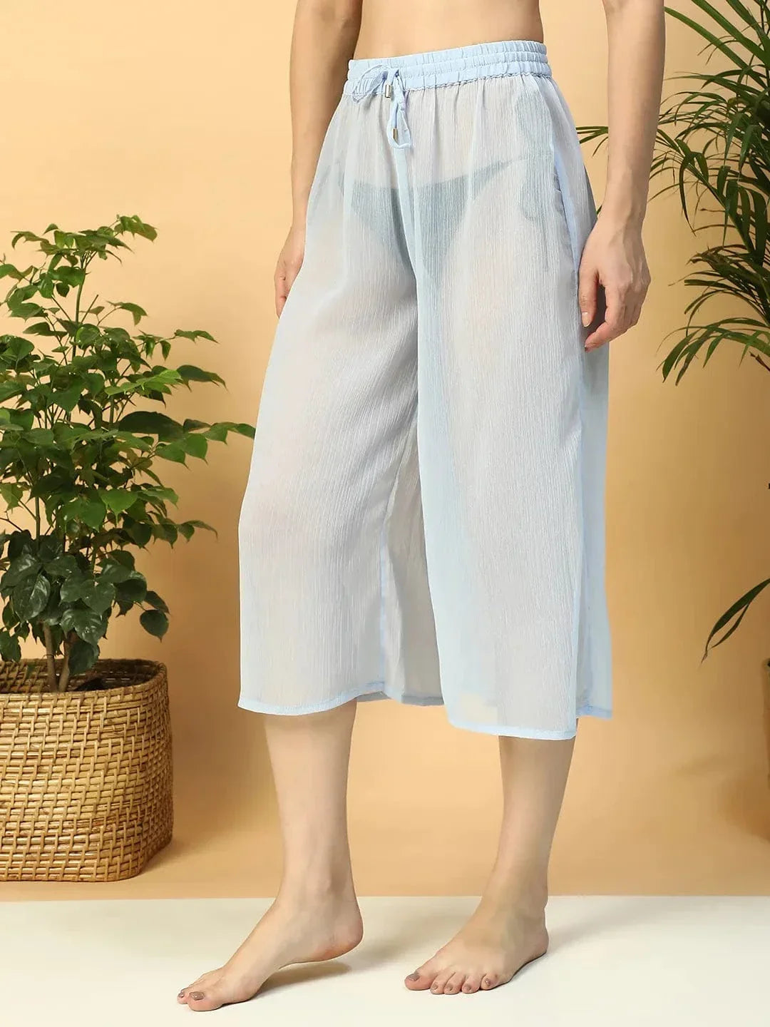 Solid Blue Elasticated Waist With Tie-Up Detail women Beachwear Culottes - oxolloxo