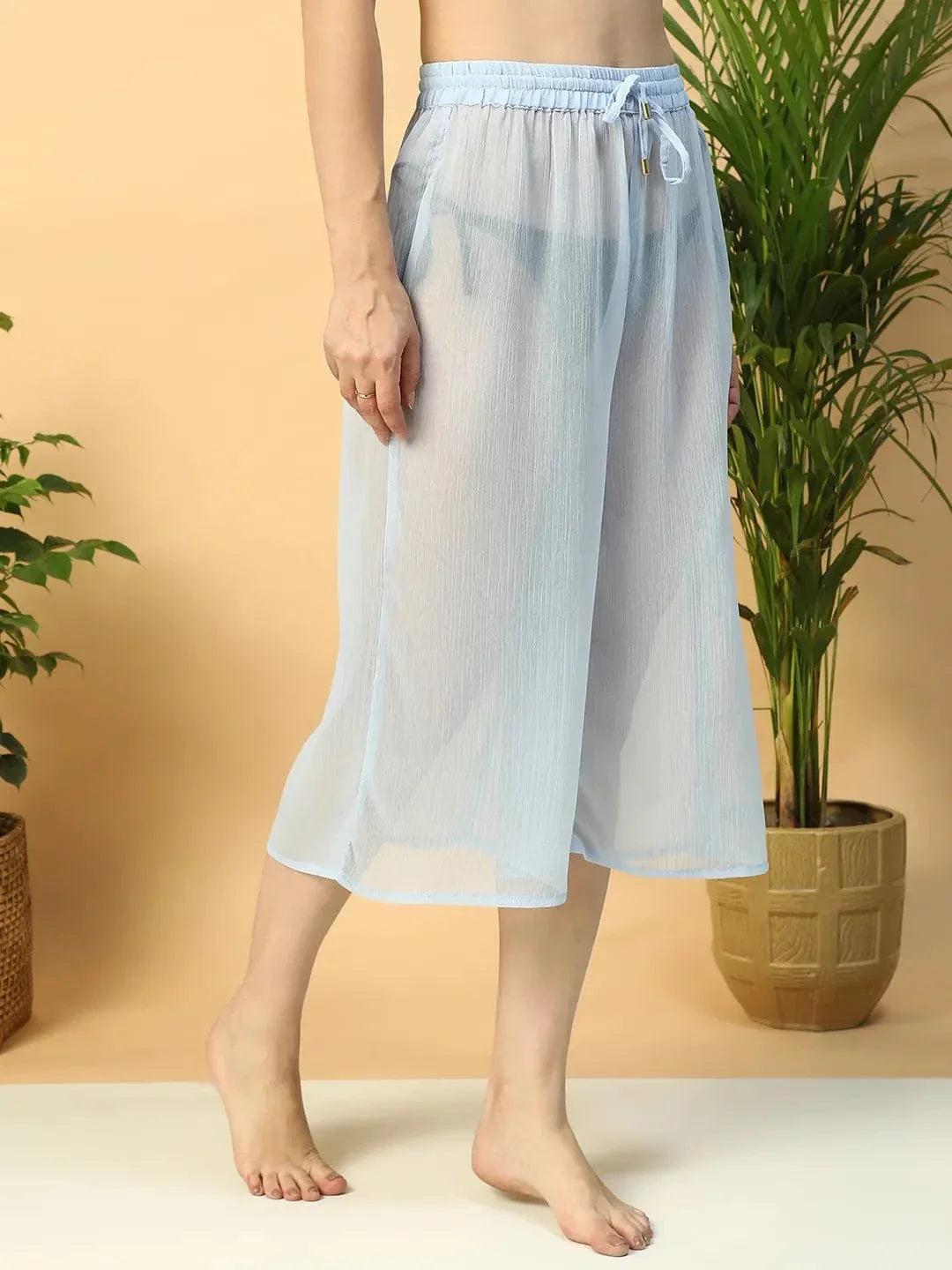 Solid Blue Elasticated Waist With Tie-Up Detail women Beachwear Culottes - oxolloxo