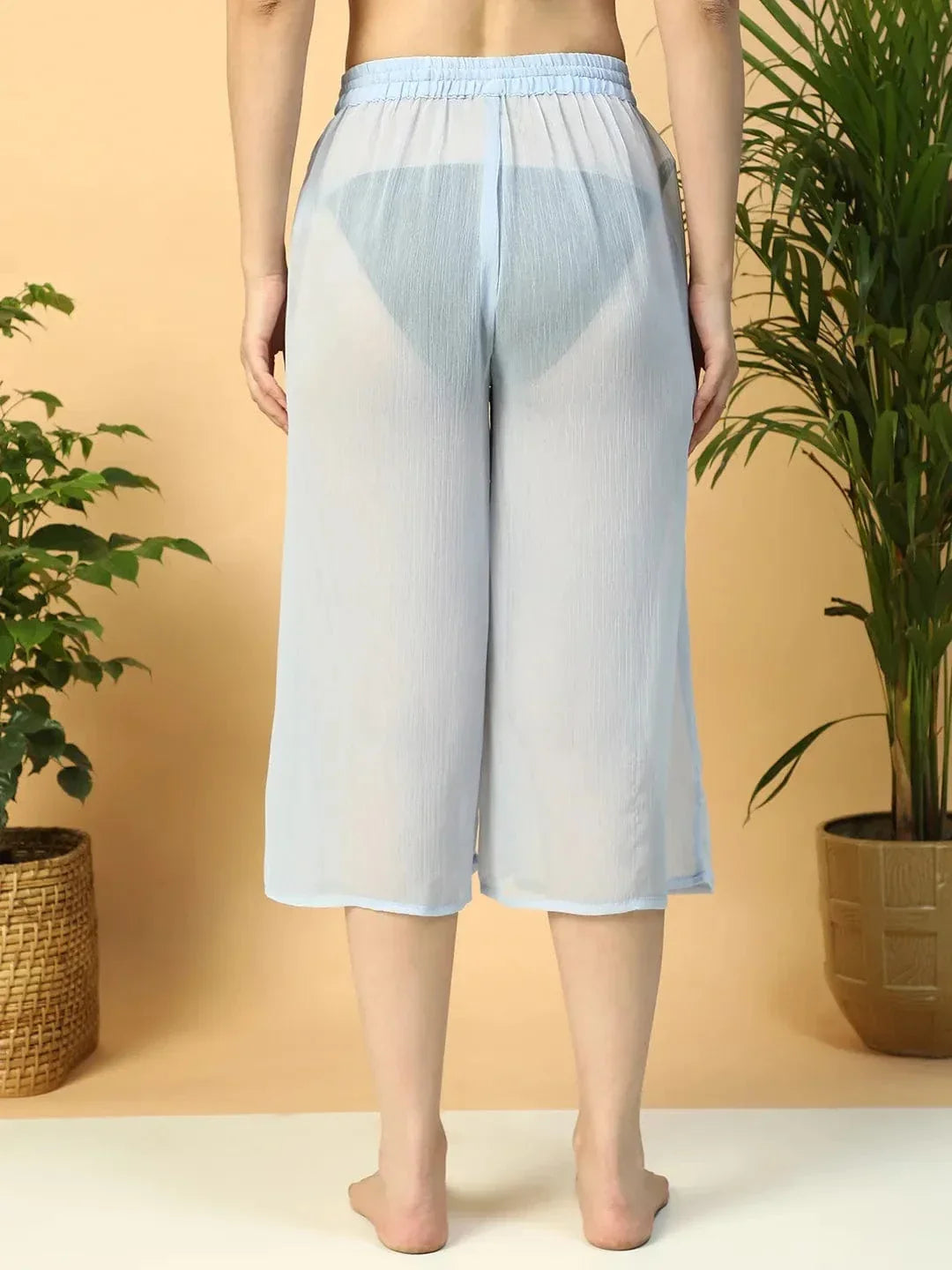 Solid Blue Elasticated Waist With Tie-Up Detail women Beachwear Culottes - oxolloxo