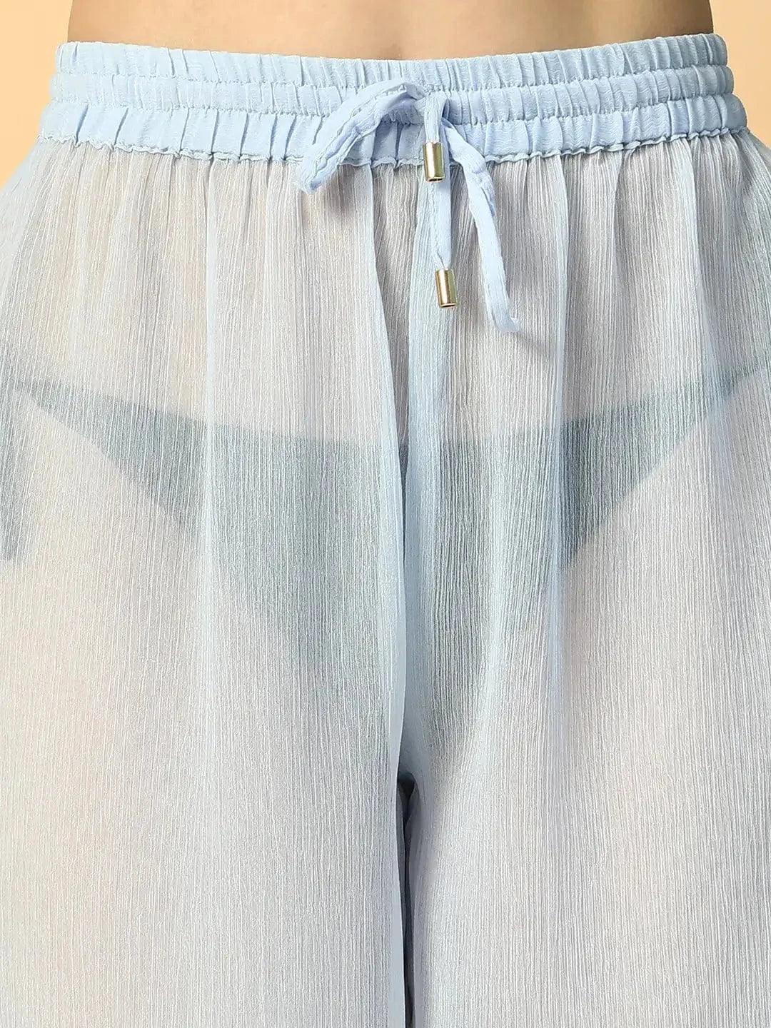 Solid Blue Elasticated Waist With Tie-Up Detail women Beachwear Culottes - oxolloxo
