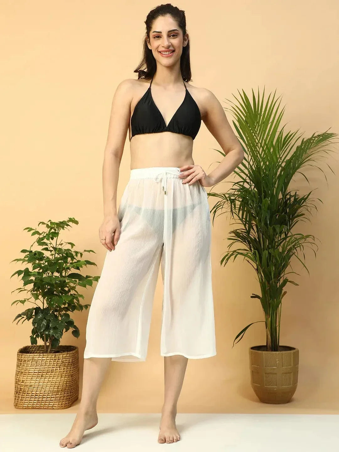 Solid White Elasticated Waist With Tie-Up Detail women Beachwear Culottes - oxolloxo