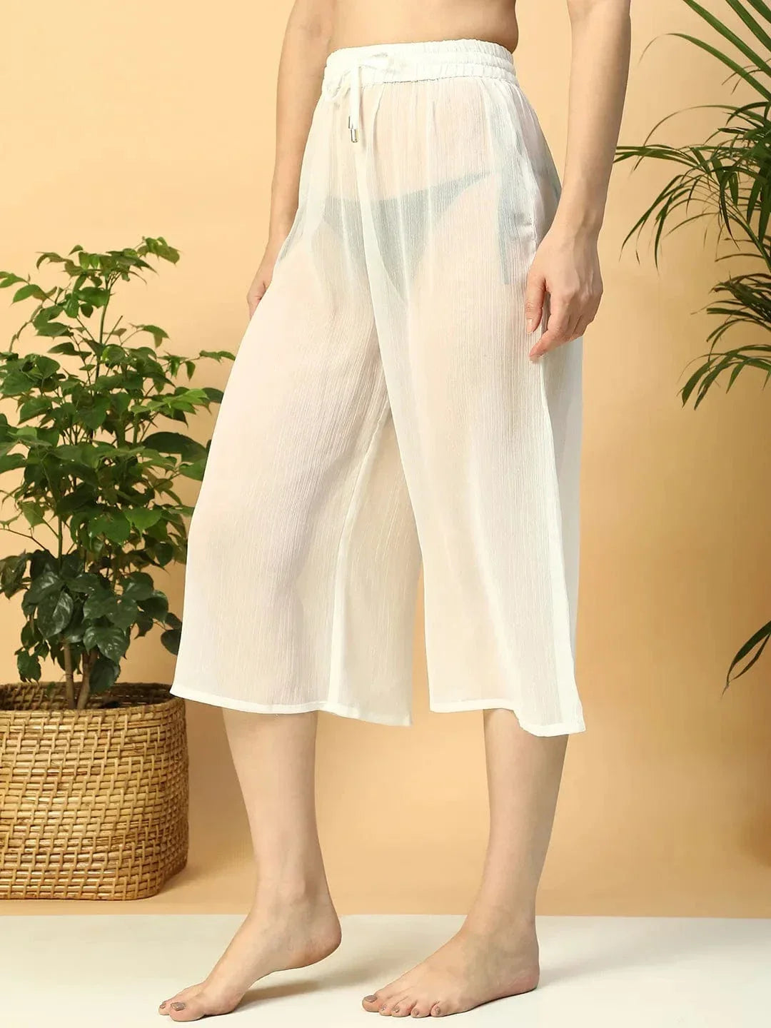 Solid White Elasticated Waist With Tie-Up Detail women Beachwear Culottes - oxolloxo
