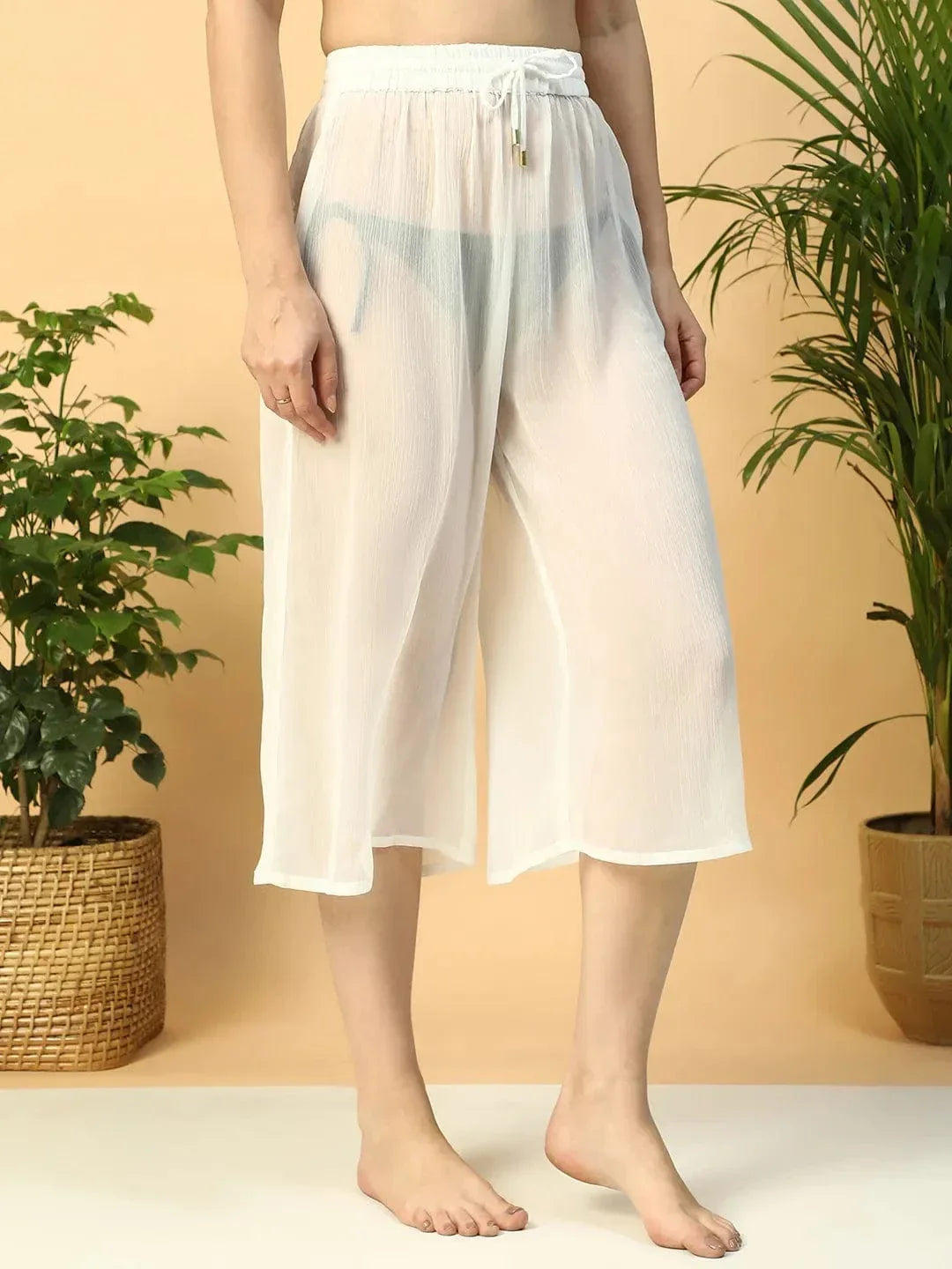 Solid White Elasticated Waist With Tie-Up Detail women Beachwear Culottes - oxolloxo