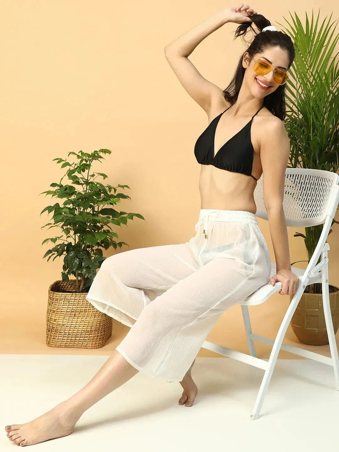 Solid White Elasticated Waist With Tie-Up Detail women Beachwear Culottes - oxolloxo