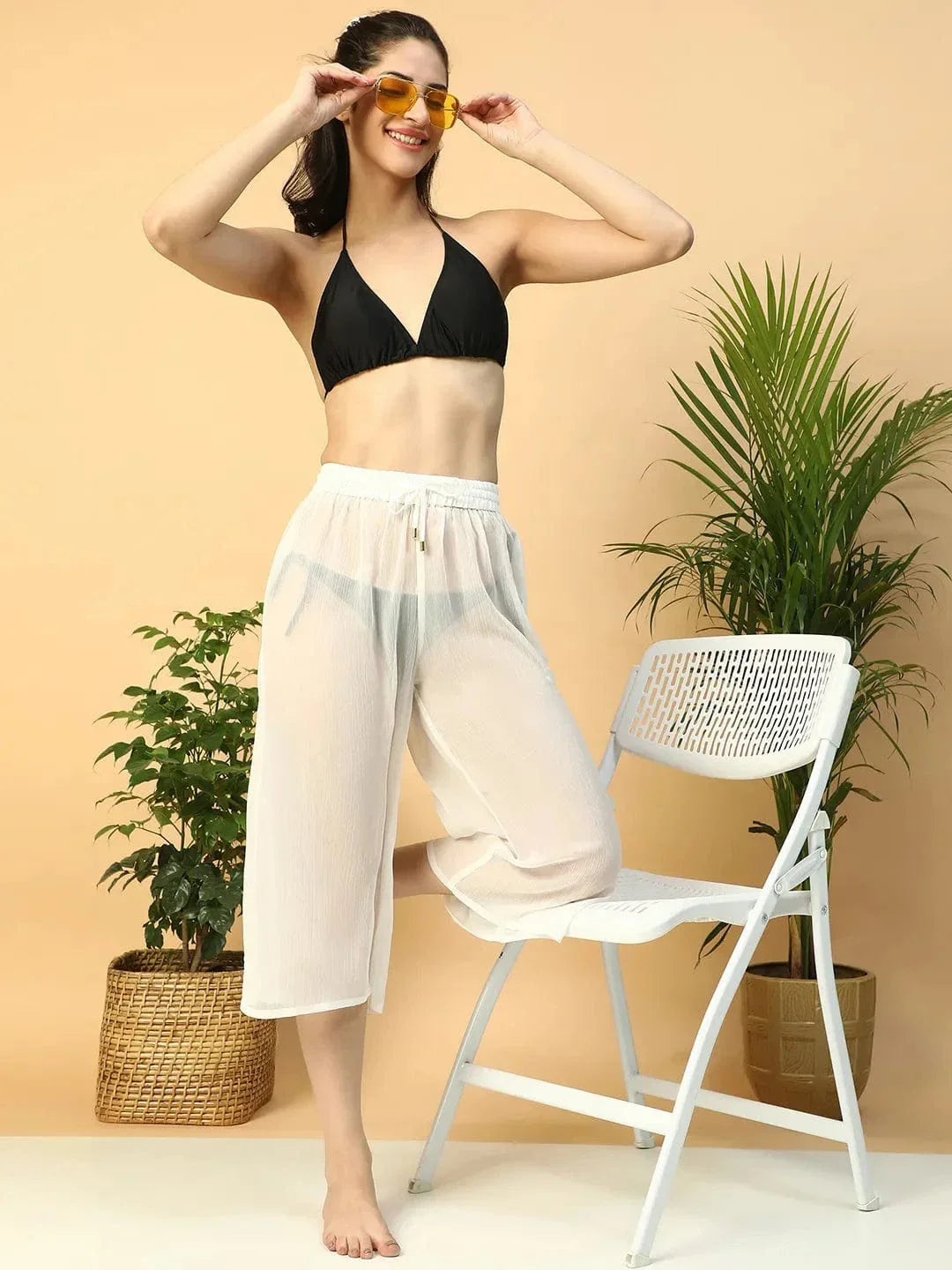 Solid White Elasticated Waist With Tie-Up Detail women Beachwear Culottes - oxolloxo