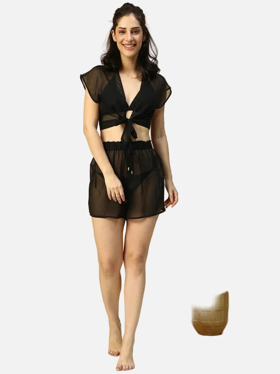 Bold Black Tie-Knot Top With Elasticated Shorts Women Beachwear Co-Ord Set - oxolloxo