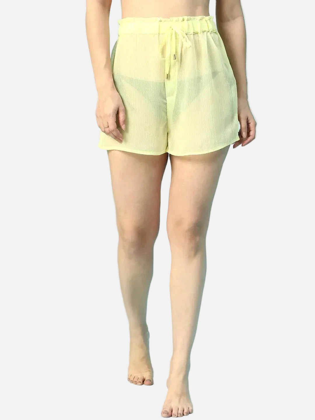 Steezy Solid Yellow Elasticated Waist With Tie-Up Detail Women Beachwear Shorts - oxolloxo