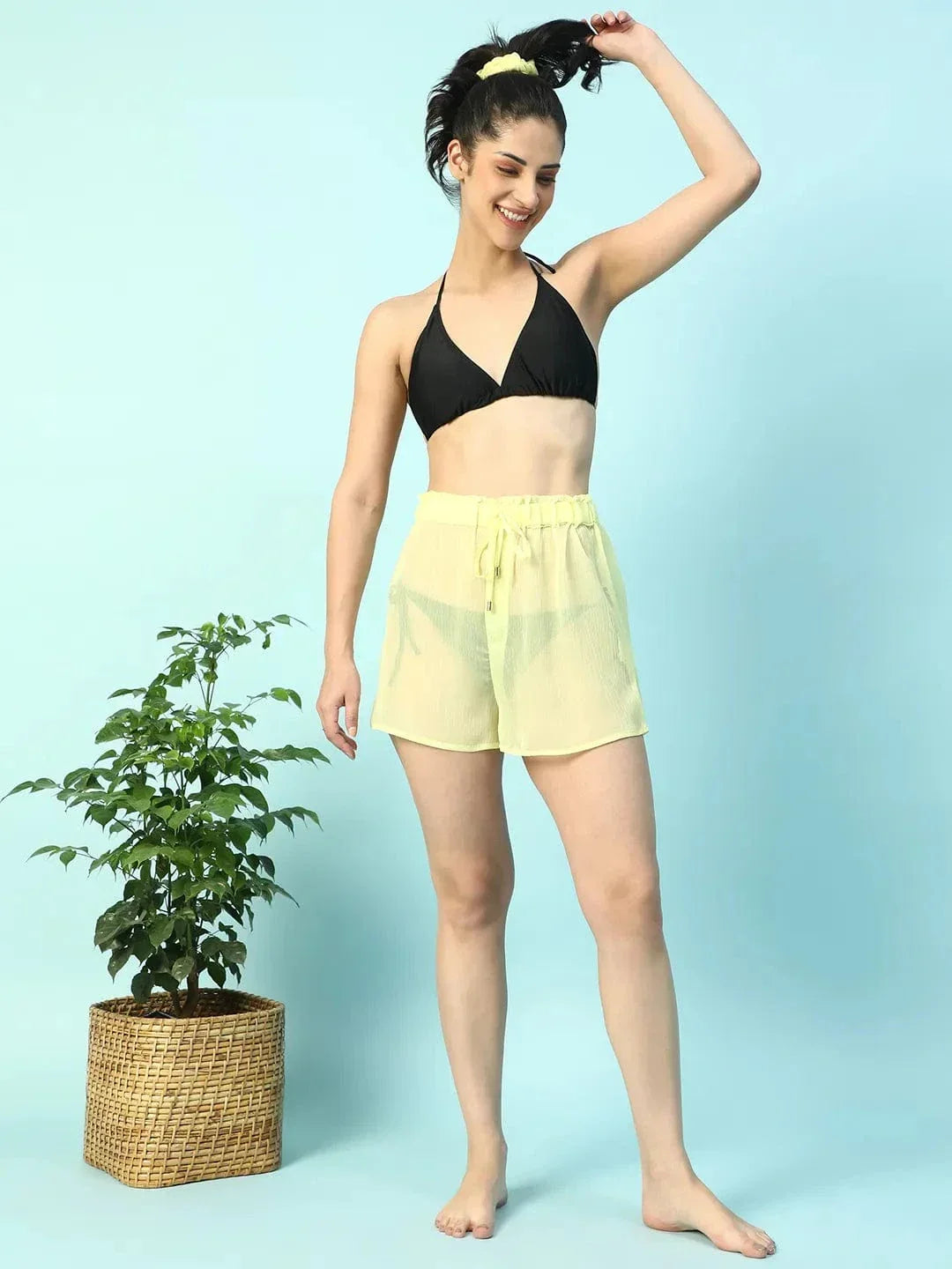 Steezy Solid Yellow Elasticated Waist With Tie-Up Detail Women Beachwear Shorts - oxolloxo
