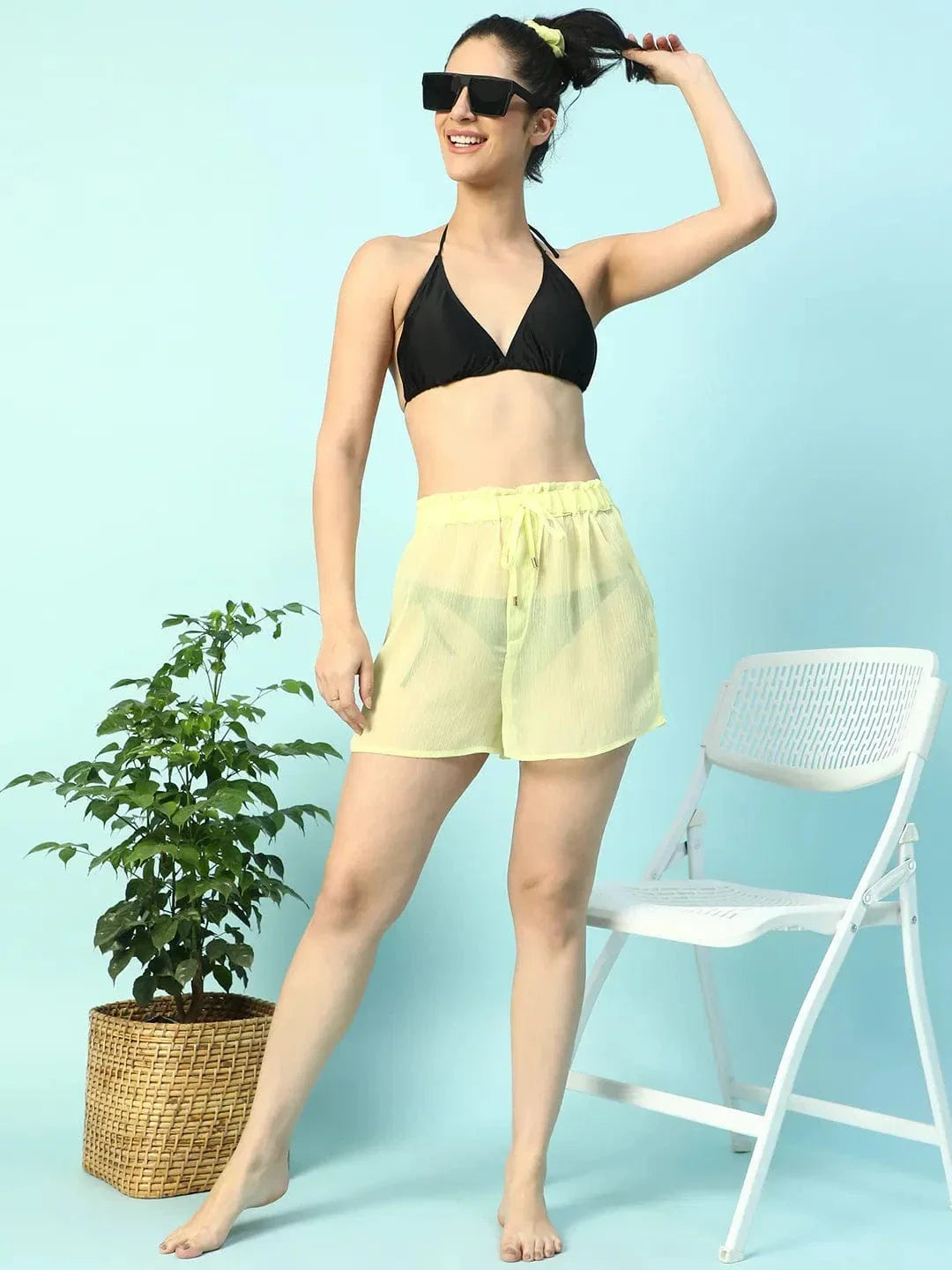 Steezy Solid Yellow Elasticated Waist With Tie-Up Detail Women Beachwear Shorts - oxolloxo