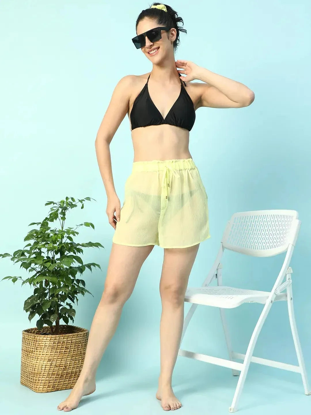 Steezy Solid Yellow Elasticated Waist With Tie-Up Detail Women Beachwear Shorts - oxolloxo