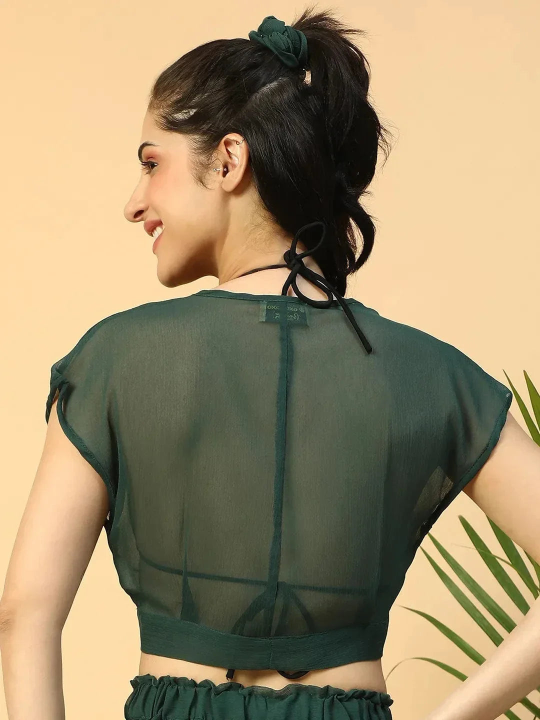 Icon Solid Green Short Sleeve Tie-Up Knot Detail Women Beachwear Crop Top - oxolloxo