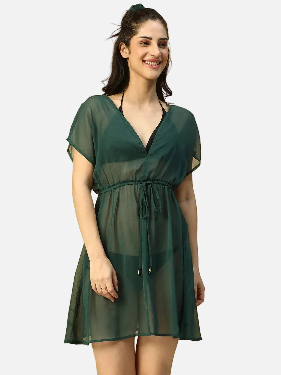 Next up Solid Green Short Elasticated Tie-Up Detail Women Beachwear Kaftan - oxolloxo