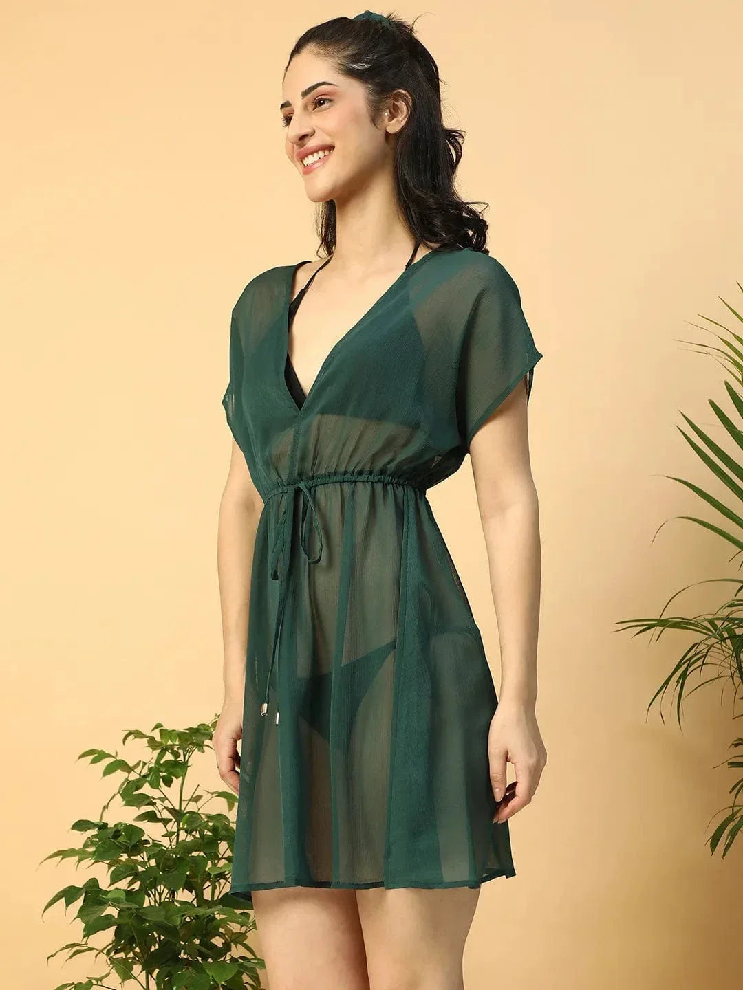 Next up Solid Green Short Elasticated Tie-Up Detail Women Beachwear Kaftan - oxolloxo