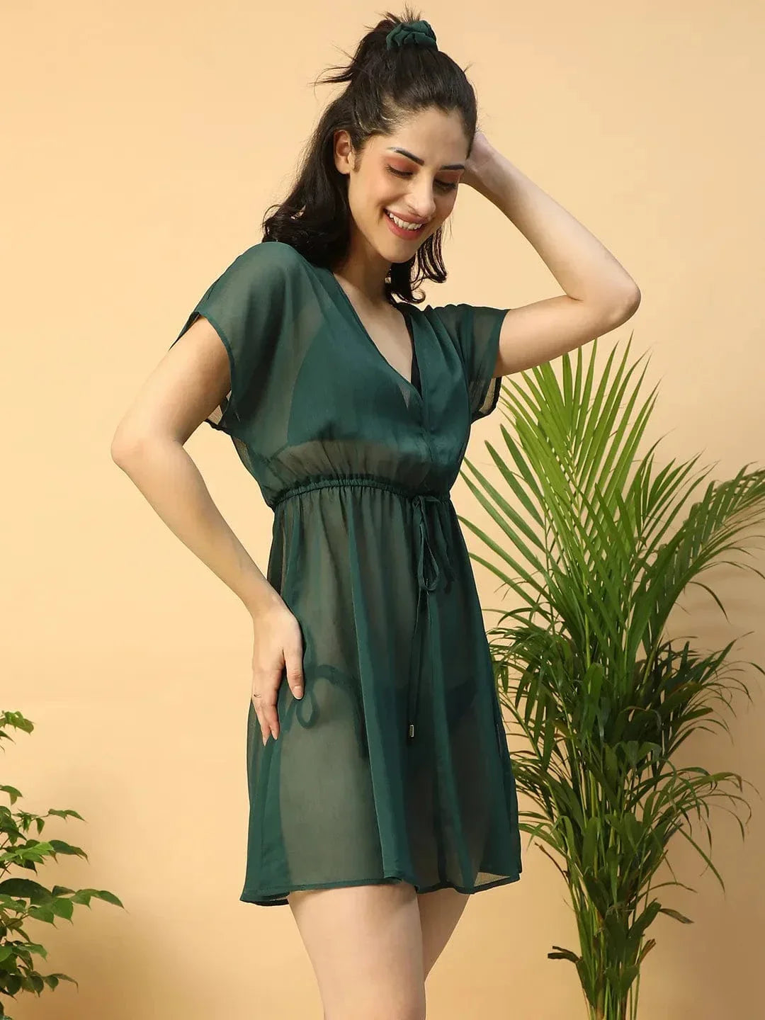 Next up Solid Green Short Elasticated Tie-Up Detail Women Beachwear Kaftan - oxolloxo