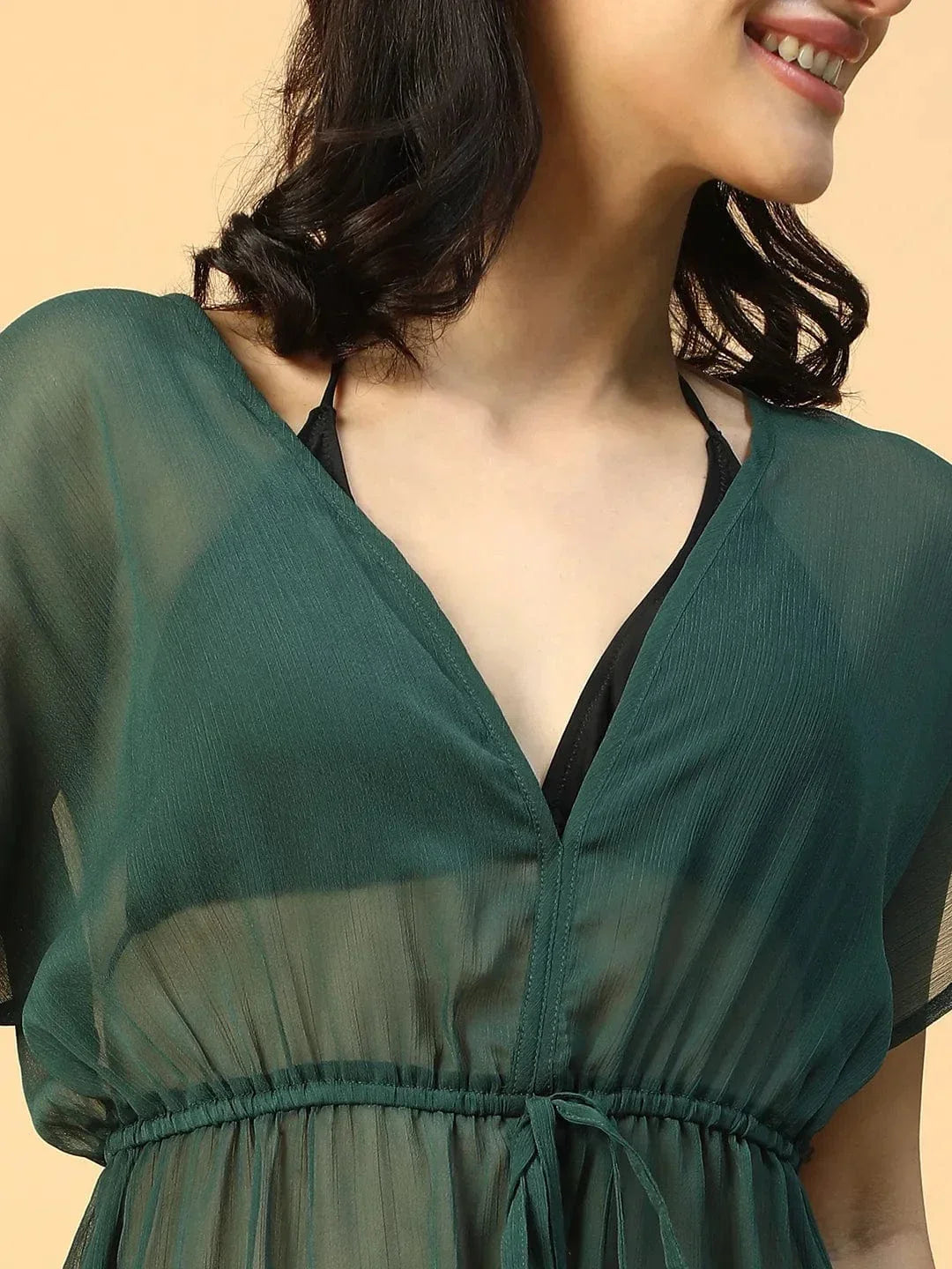 Next up Solid Green Short Elasticated Tie-Up Detail Women Beachwear Kaftan - oxolloxo
