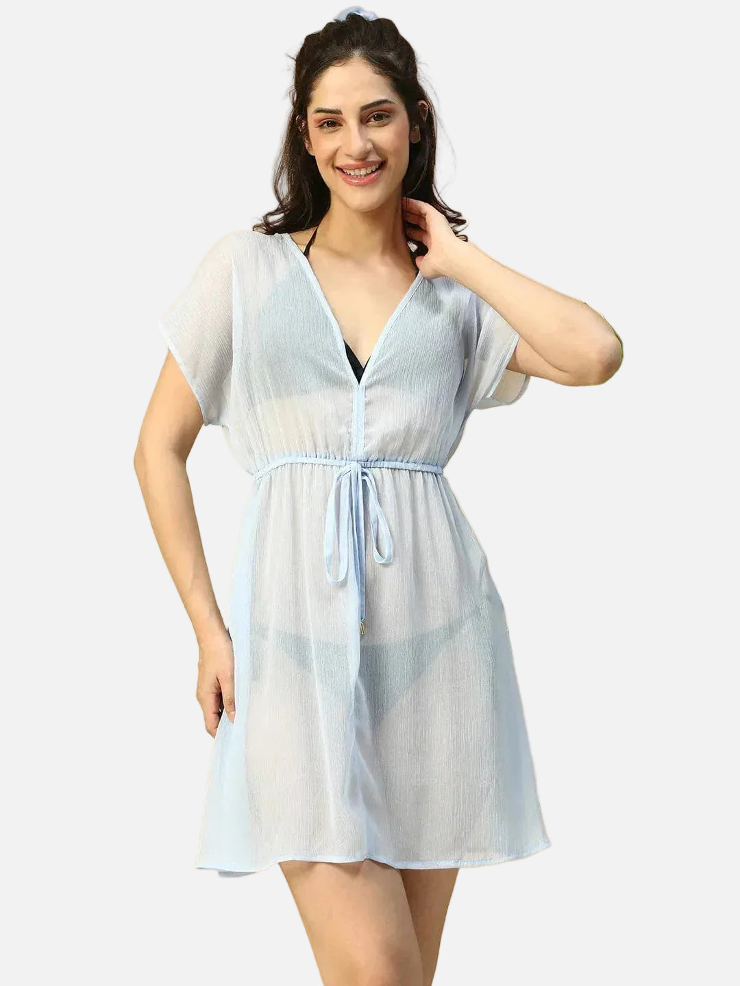 Ultra-modern Solid Blue Short Elasticated Tie-Up Detail Women Beachwear Kaftan - oxolloxo