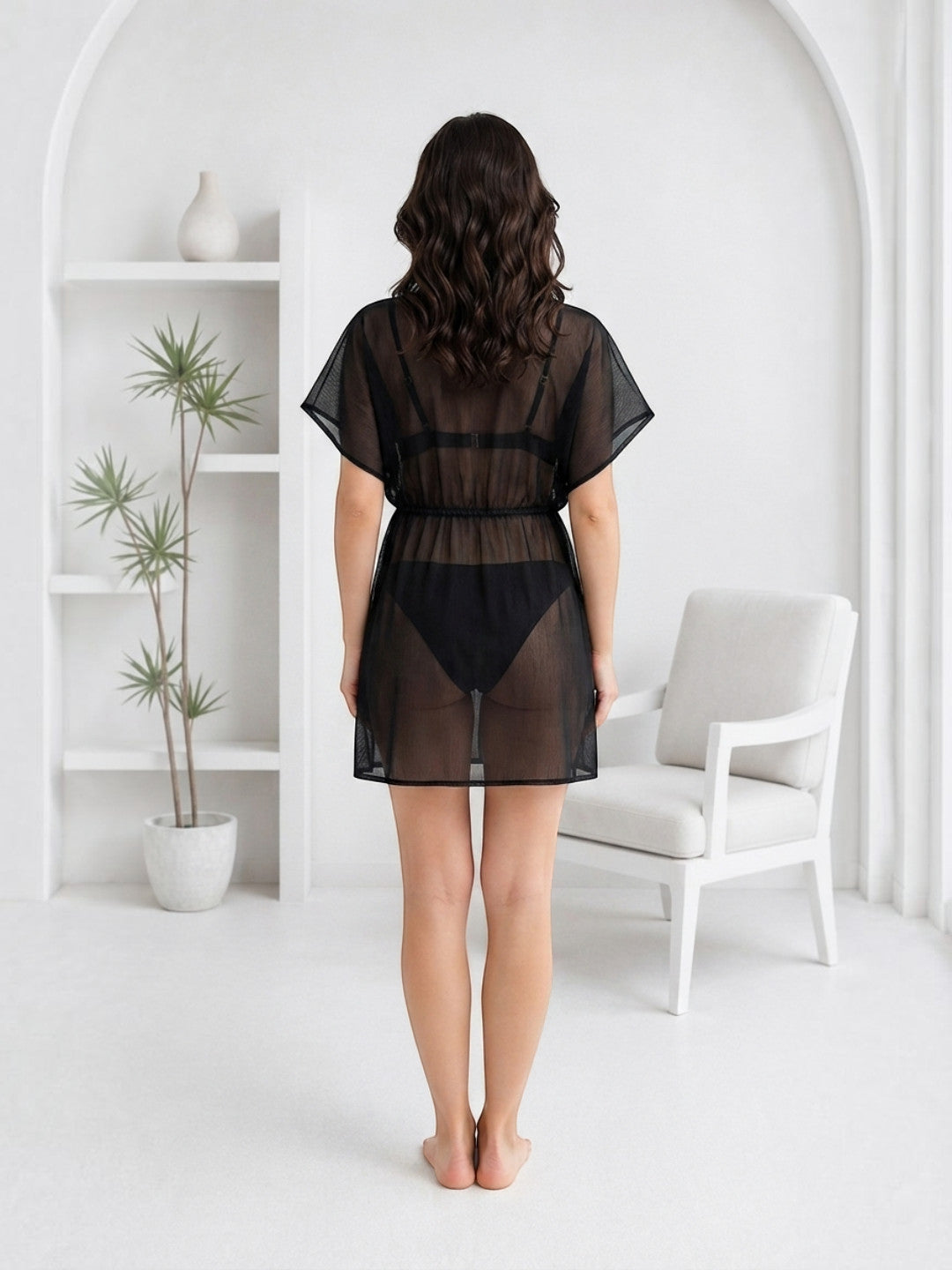 Black sheer mesh robe over lingerie, back view, plus size women's fashion