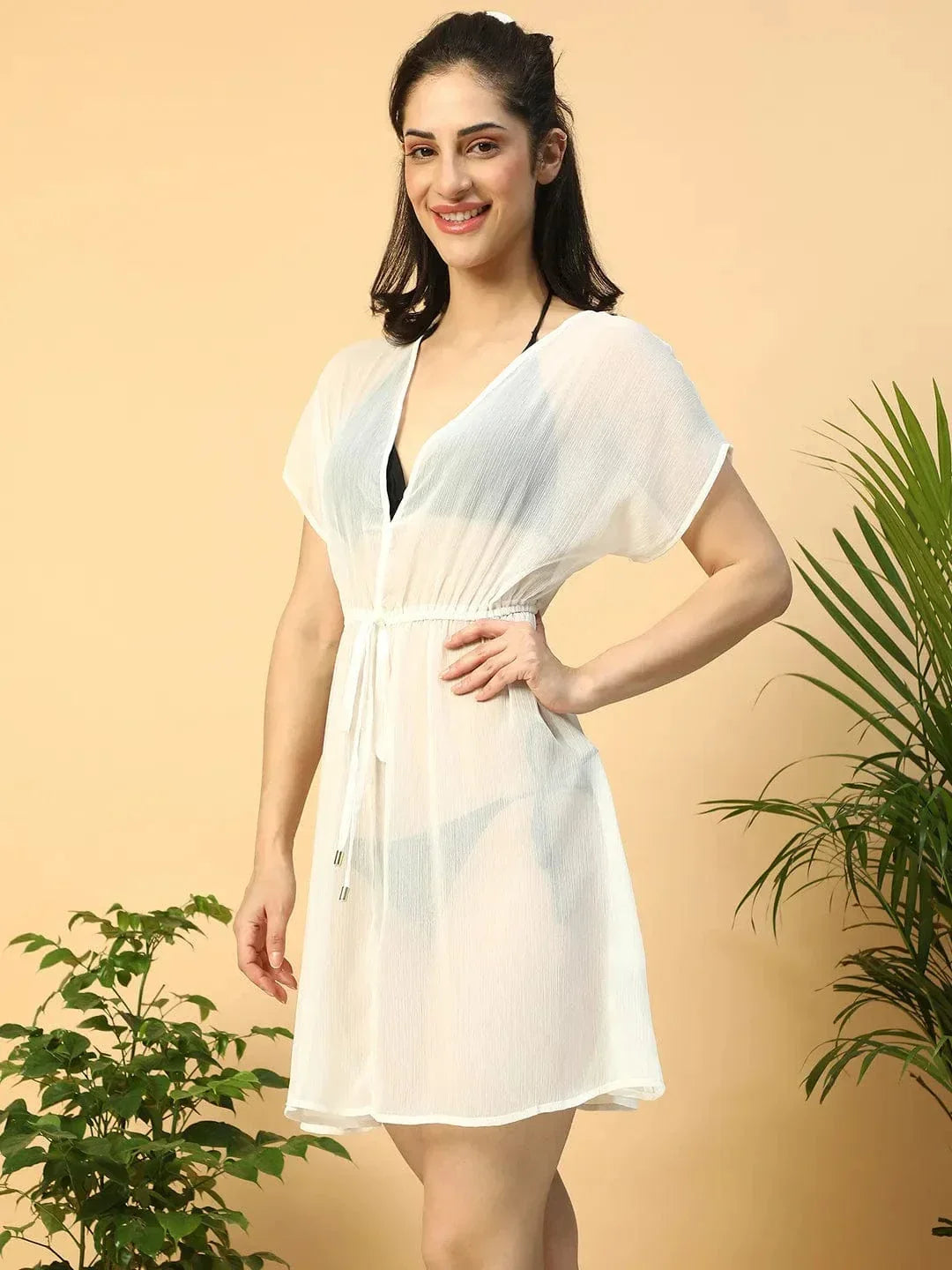 elite-solid-white-short-elasticated-tie-up-detail-women-beachwear-kaftan
