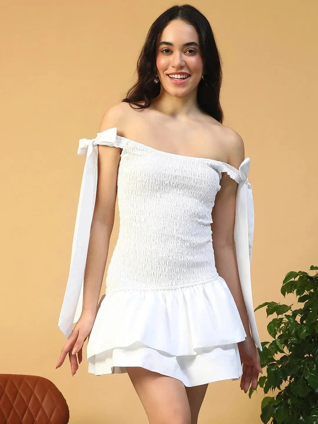 White Off Shoulder Cotton Dress
