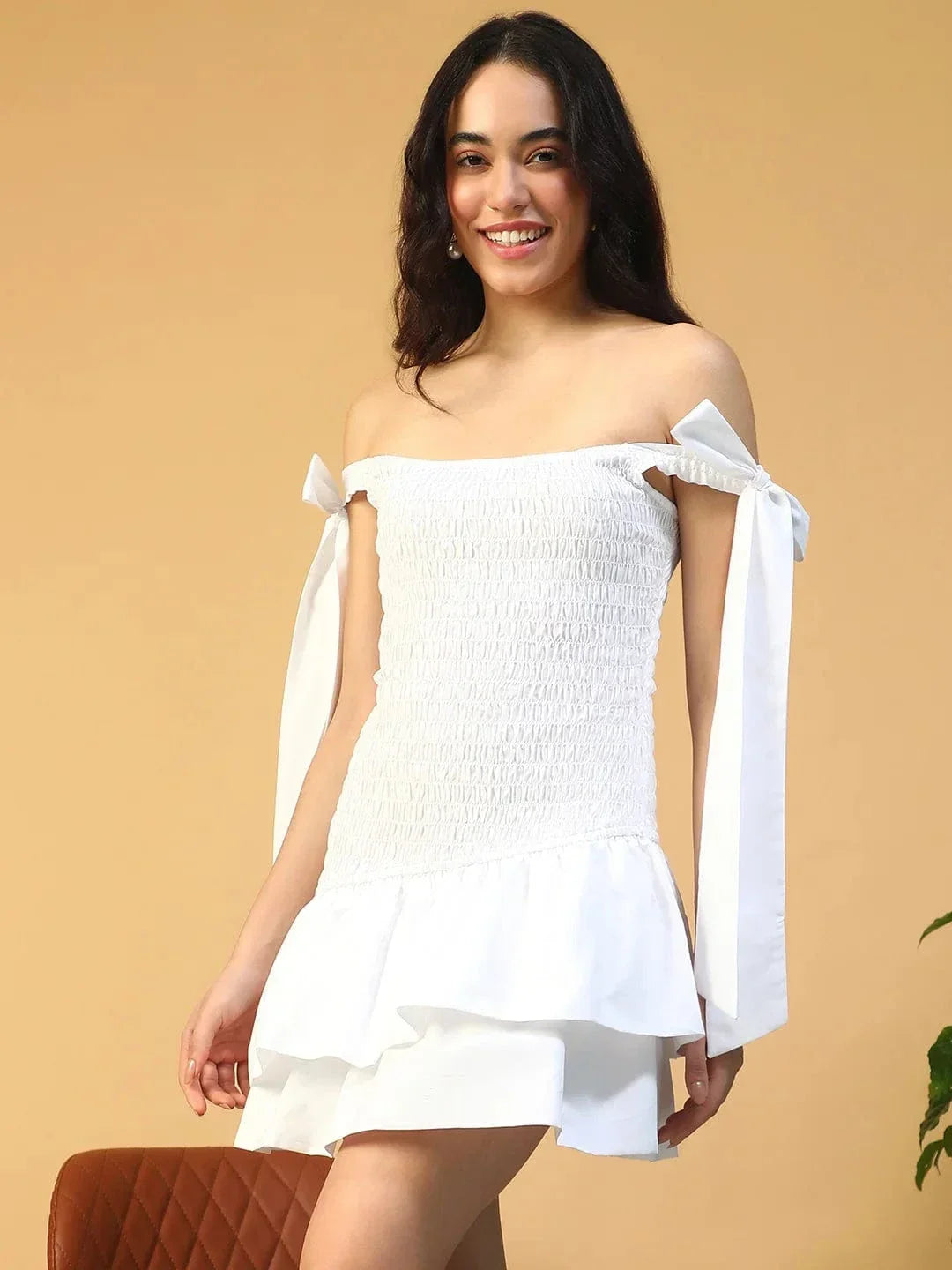 White Off Shoulder Cotton Dress