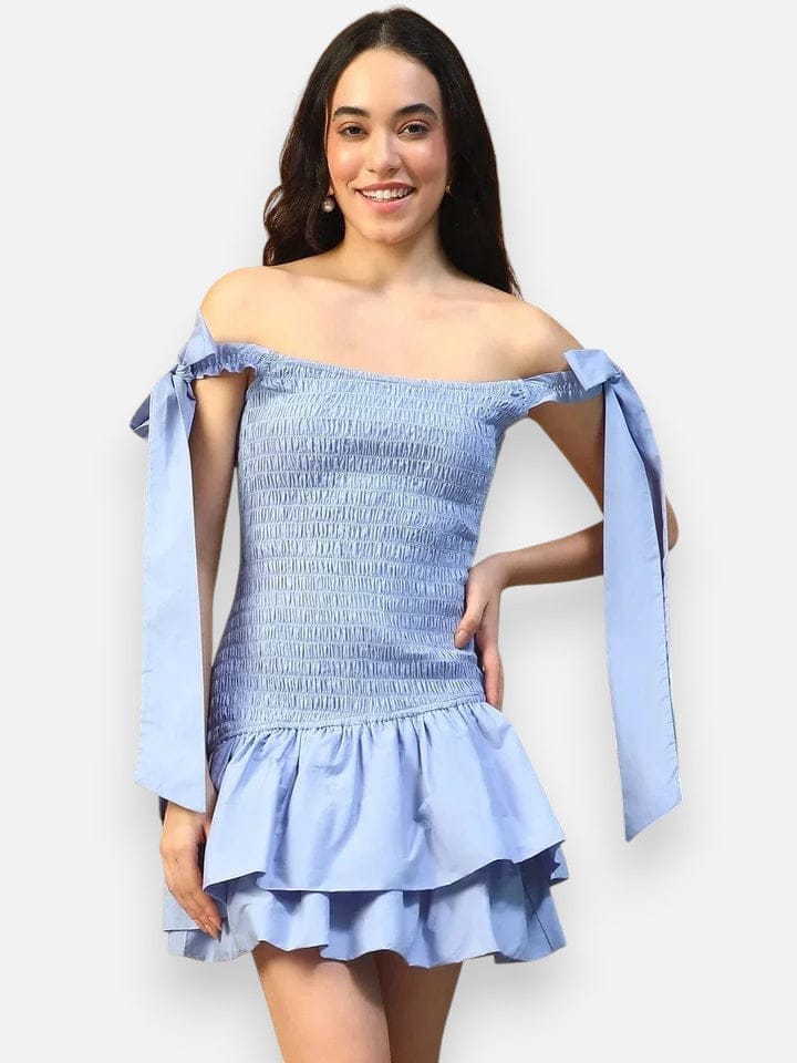 Women Blue Off Shoulder Cotton Dress