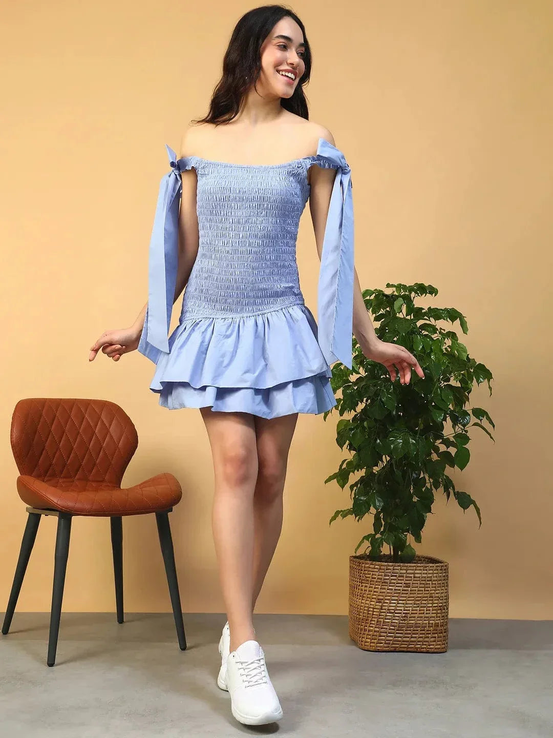 Women Blue Off Shoulder Cotton Dress