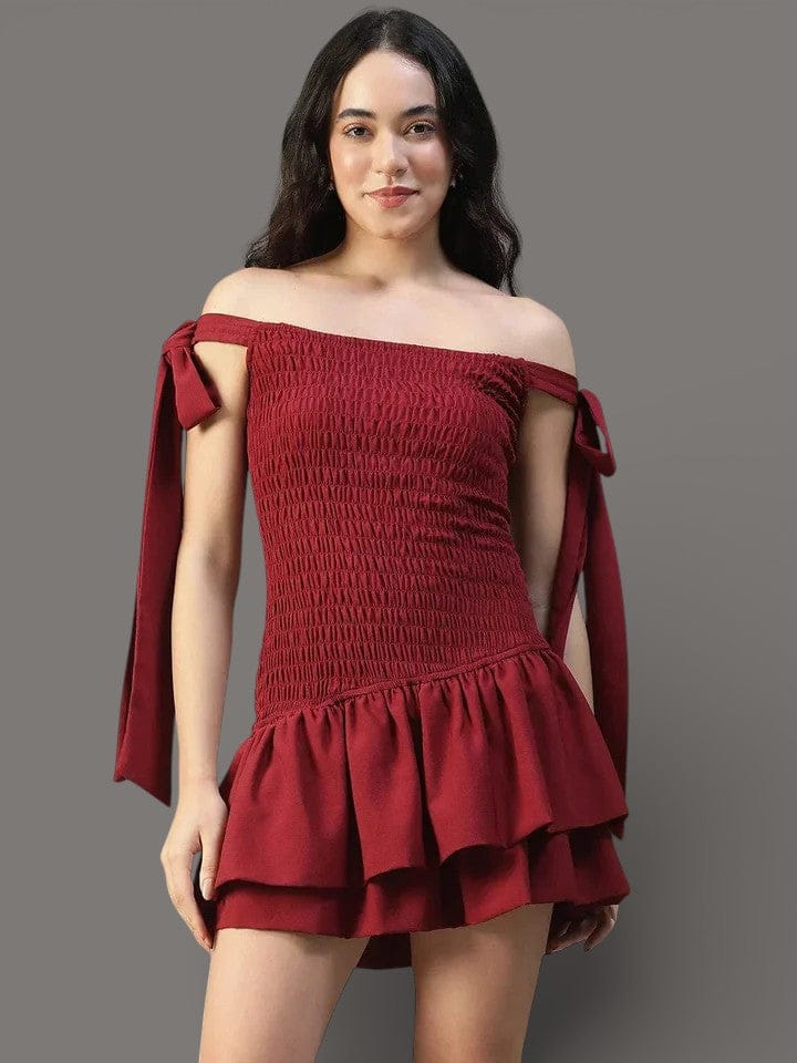 Effortless Solid Maroon Women Off Shoulder Cotton Poplin Skater Dress with Smocked Bodice Tie-Up Detail - oxolloxo