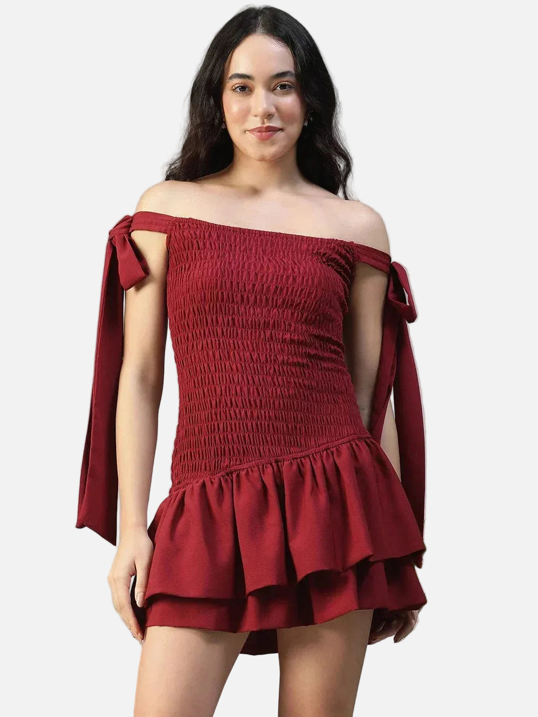 Effortless Solid Maroon Women Off Shoulder Cotton Poplin Skater Dress with Smocked Bodice Tie-Up Detail - oxolloxo