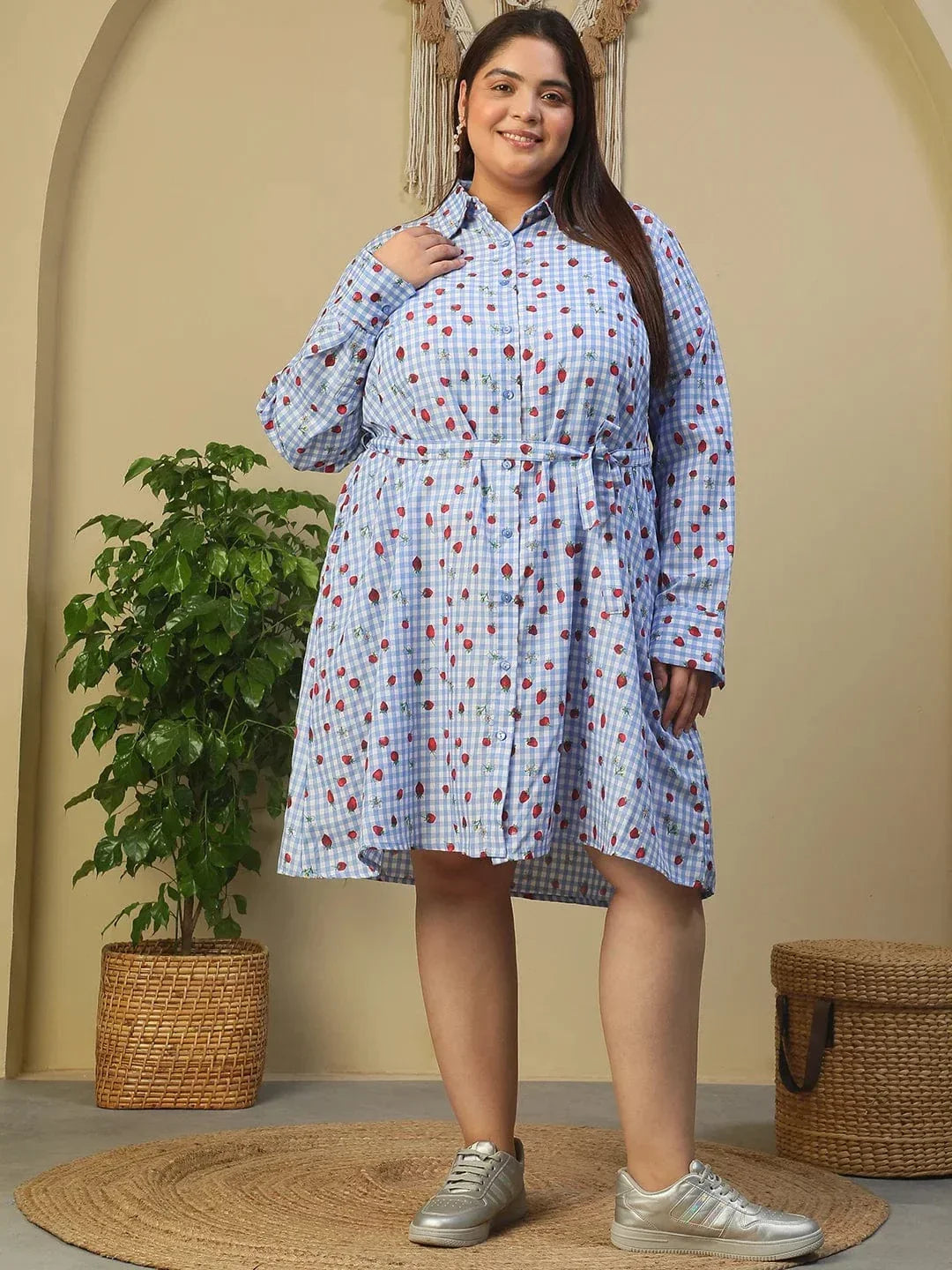 Blue Heart Print Collared Button Down With Waist Belt Plus Size Women Cotton Blend Dress - oxolloxo