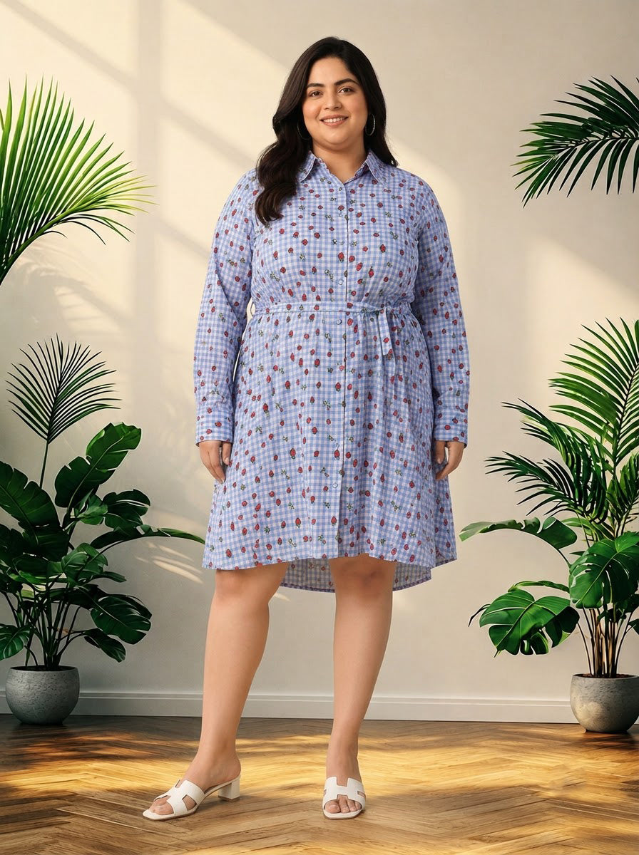 Plus Size Blue Heart Print Cotton Dress